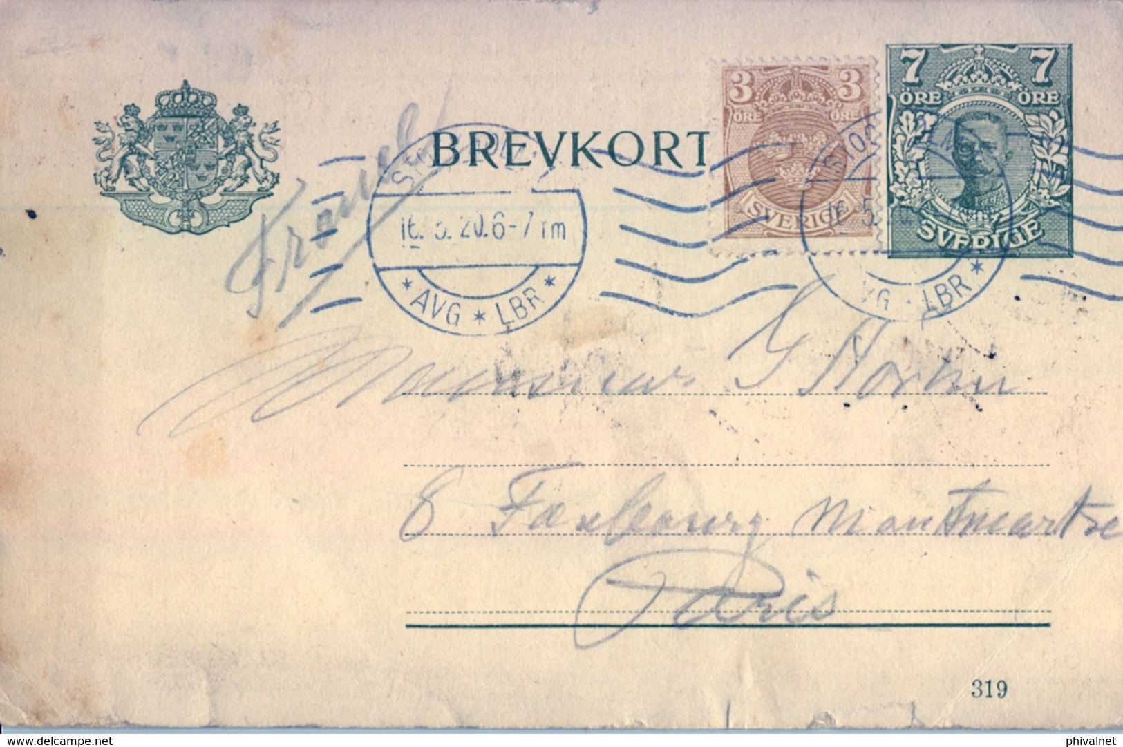 1920 , SUECIA , ENTERO POSTAL CIRCULADO , ESTOCOLMO - PARIS , LLEGADA - Ganzsachen