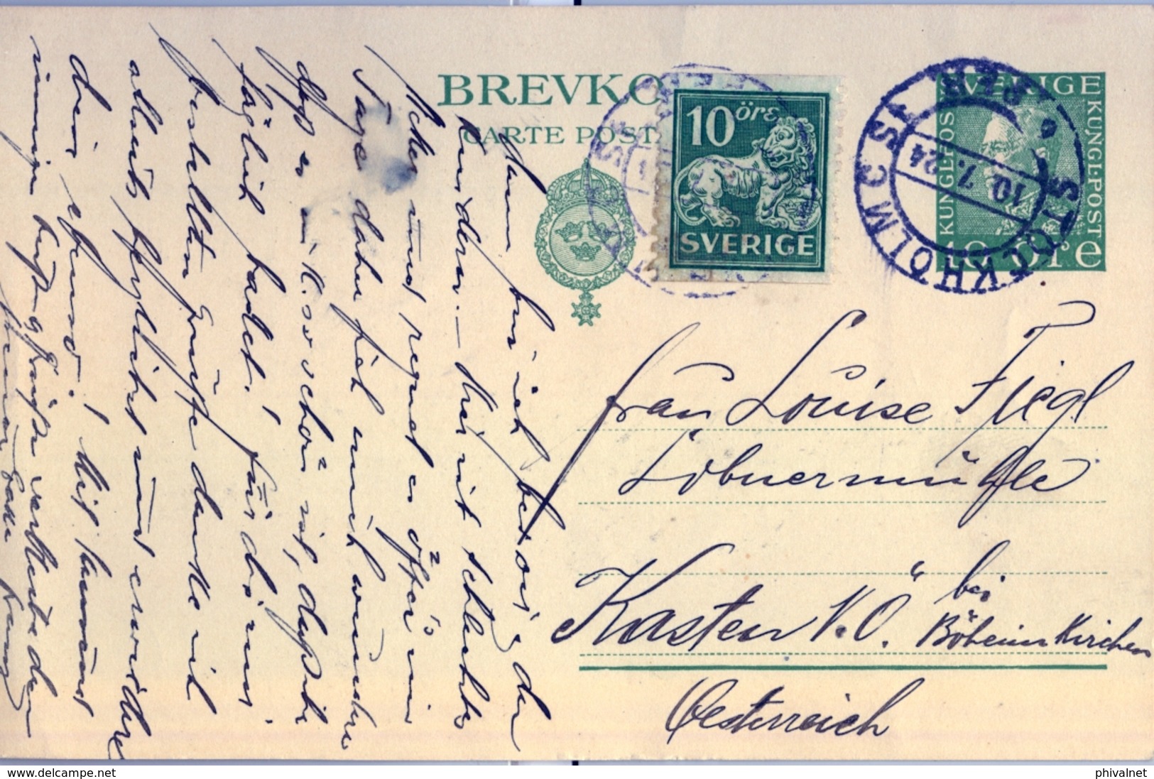 1924 , SUECIA , ENTERO POSTAL CIRCULADO , ESTOCOLMO - AUSTRIA - Enteros Postales
