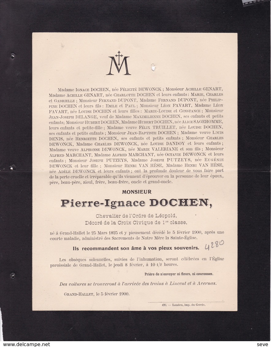 GRAND-HALLET Pierre-Ignace DOCHEN époux DEWONCK 1825-1900 Familles DUPONT FAVART DELANGE Etc - Décès