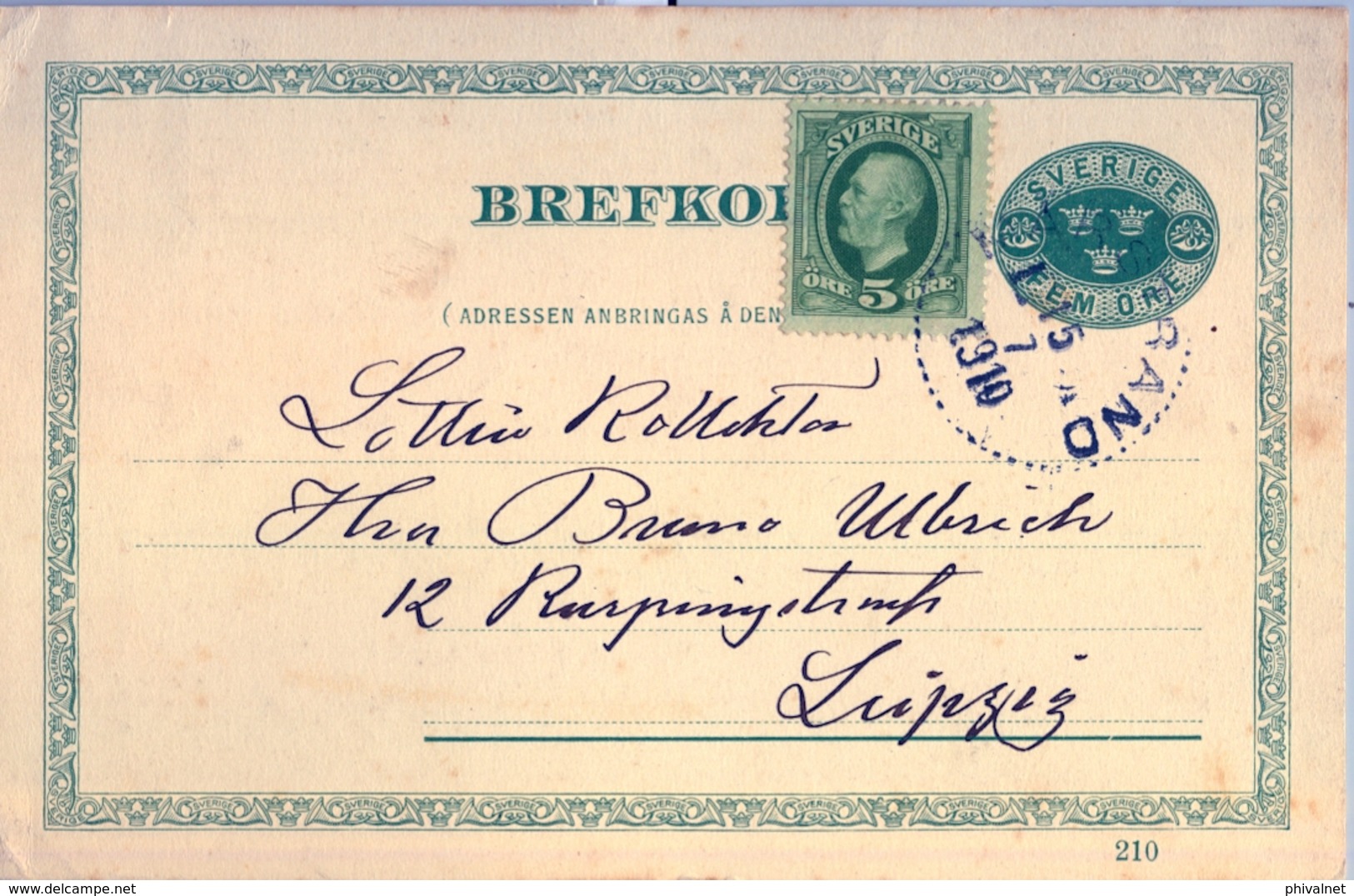 1910 , SUECIA , ENTERO POSTAL CIRCULADO , MARSTRAND - LEIPZIG - Enteros Postales