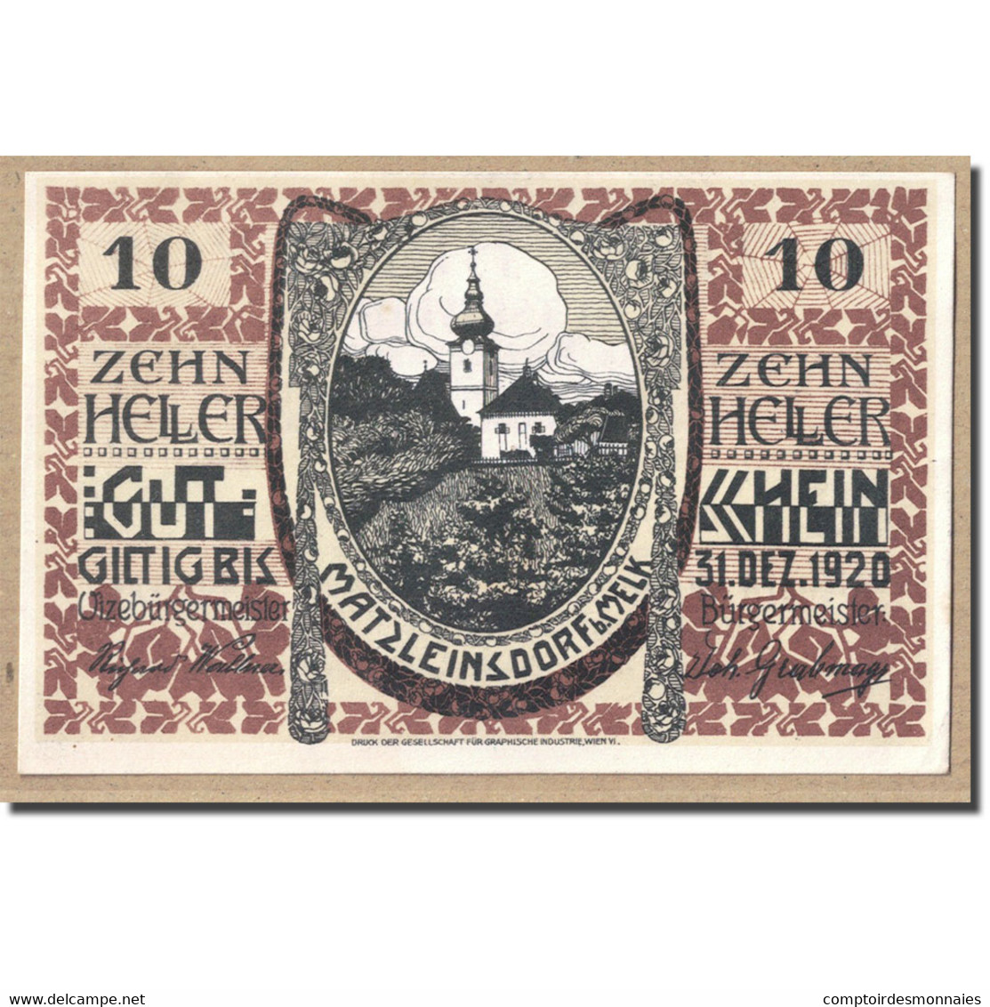 Billet, Autriche, MATZLEINSDORF, 10 Heller, Eglise, 1920, SPL, Mehl:FS 597 - Autriche