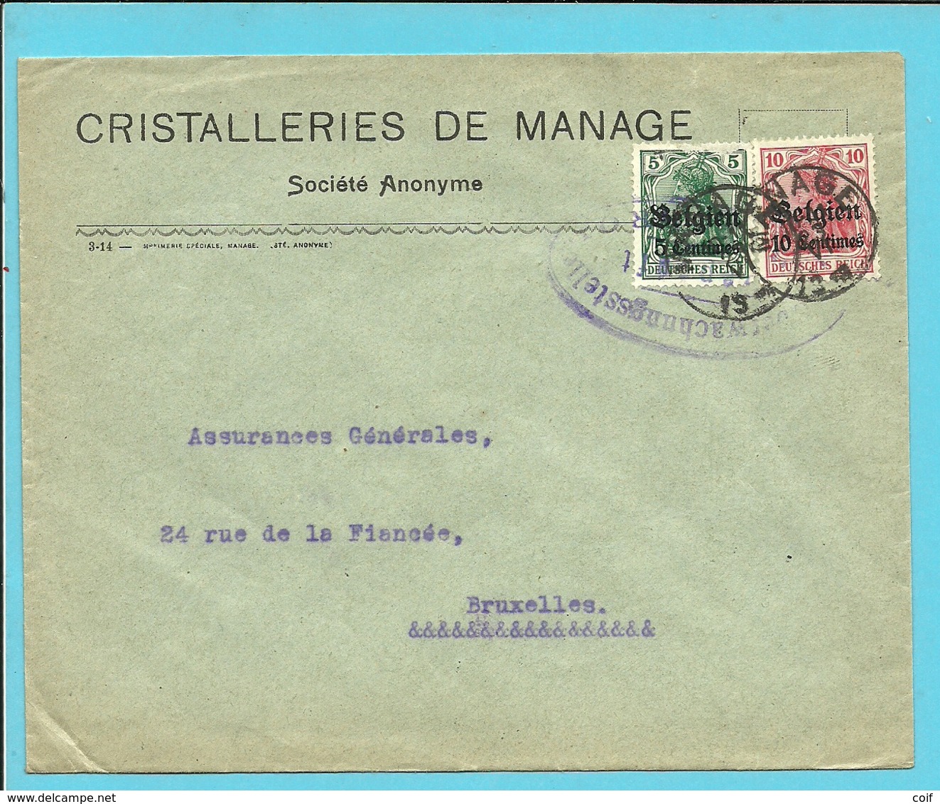 Lettre TP Germania Cachet Belge MANAGE - Censure CHARLEROI - Entete "CRISTALLERIE DE MANAGE " (VK) - OC1/25 Gouvernement Général