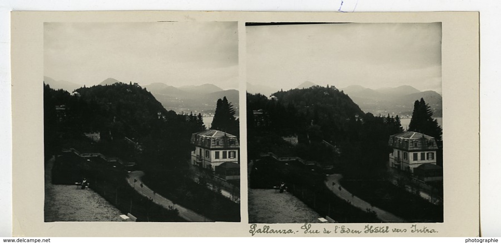 Italie Lac Majeur Pallanza Eden Hotel Vue Vers Intra Ancienne Photo Stereo Possemiers 1900 - Photos Stéréoscopiques