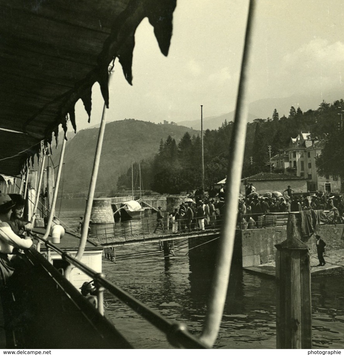 Italie Lac Majeur Luino L'Embarcadère Ancienne Photo Stereo Possemiers 1900 - Photos Stéréoscopiques