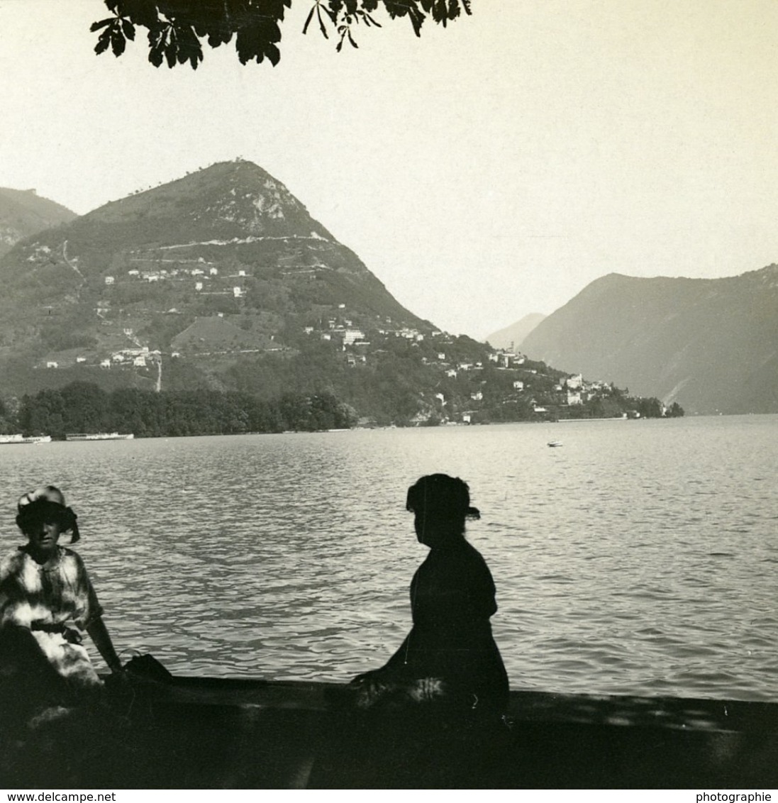 Suisse Lac De Lugano Castagnola & Le Monte Bre Ancienne Photo Stereo Possemiers 1900 - Photos Stéréoscopiques