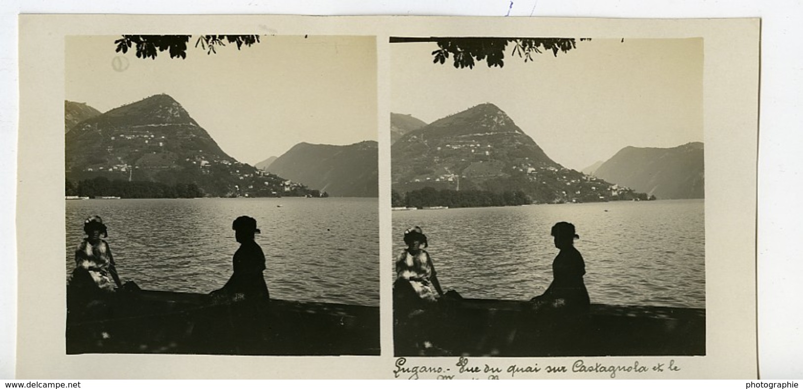 Suisse Lac De Lugano Castagnola & Le Monte Bre Ancienne Photo Stereo Possemiers 1900 - Photos Stéréoscopiques