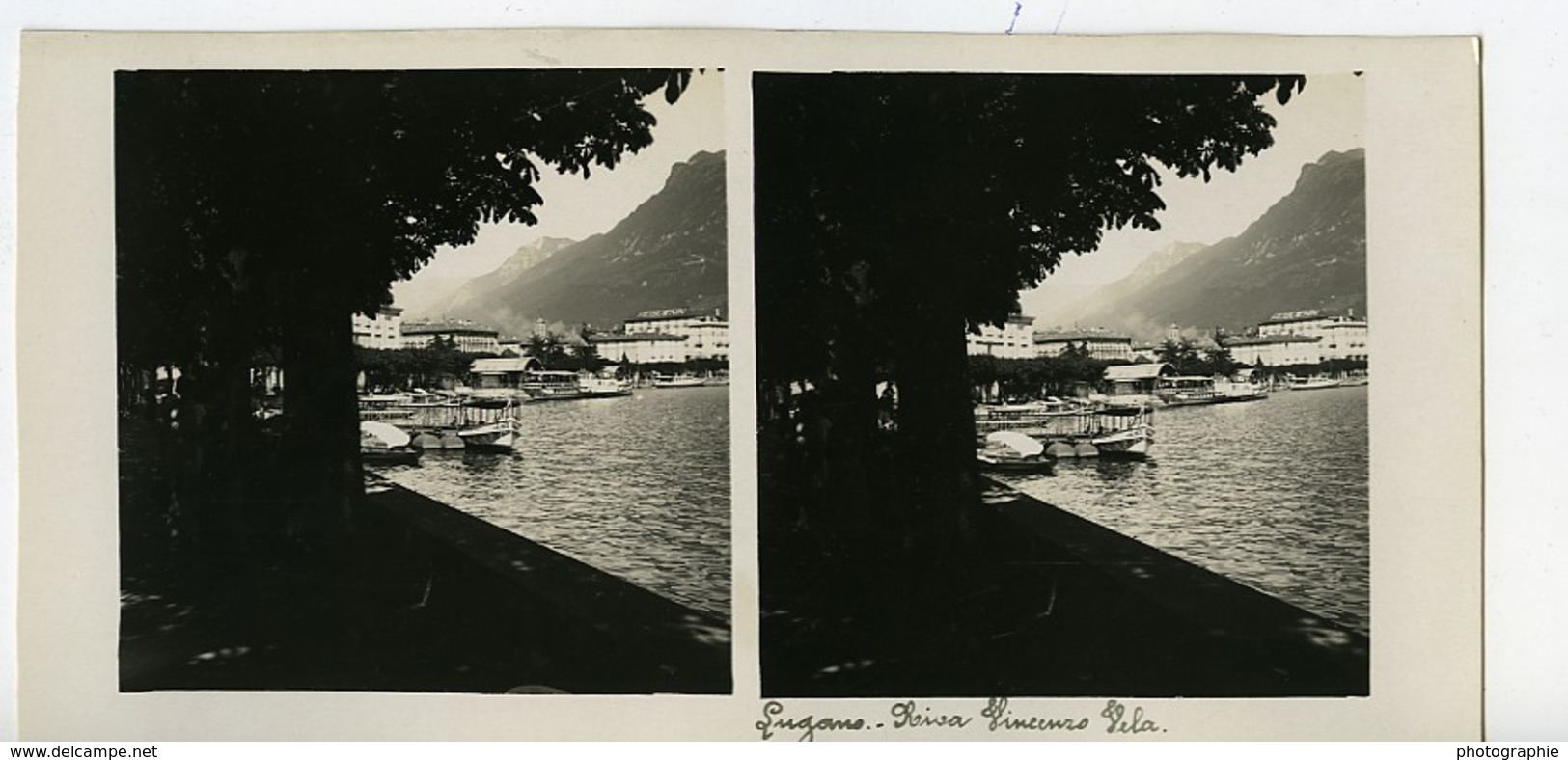 Suisse Lac De Lugano Riva Vincenzo Vela Ancienne Photo Stereo Possemiers 1900 - Photos Stéréoscopiques