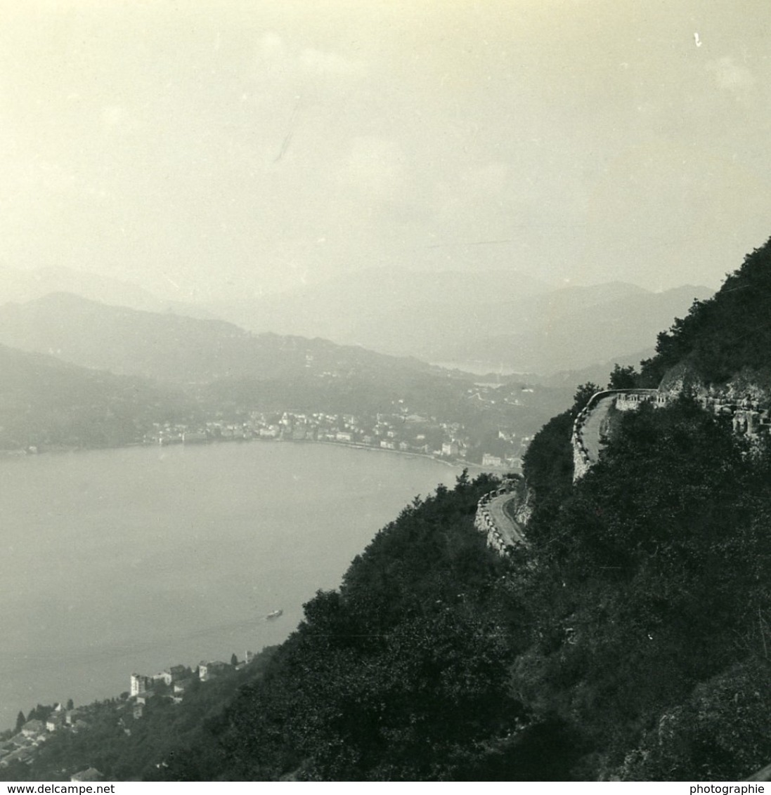 Suisse Lac De Lugano & Castagnola Panorama Ancienne Photo Stereo Possemiers 1900 - Stereo-Photographie