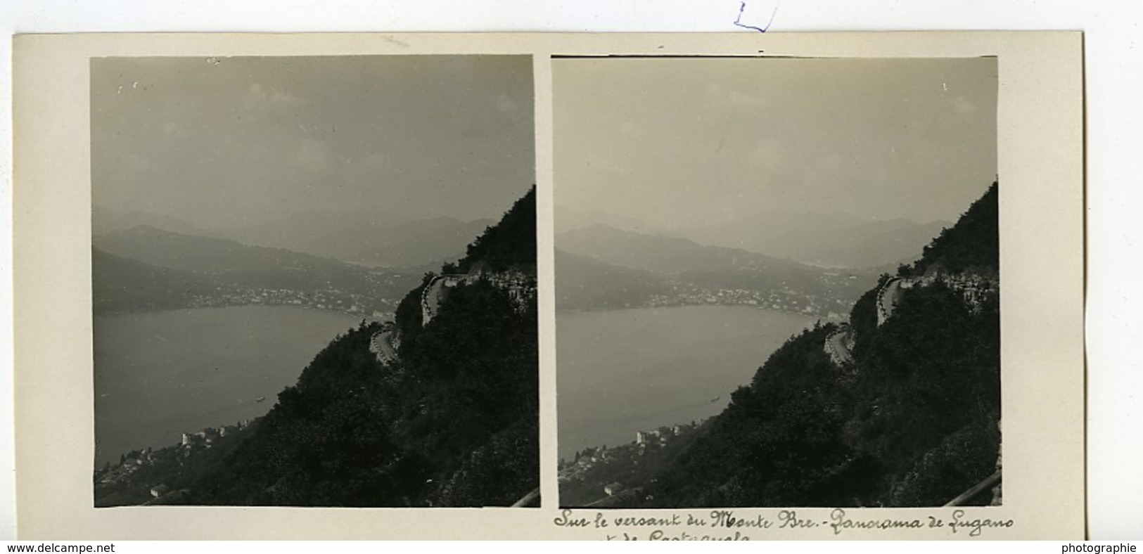 Suisse Lac De Lugano & Castagnola Panorama Ancienne Photo Stereo Possemiers 1900 - Stereo-Photographie