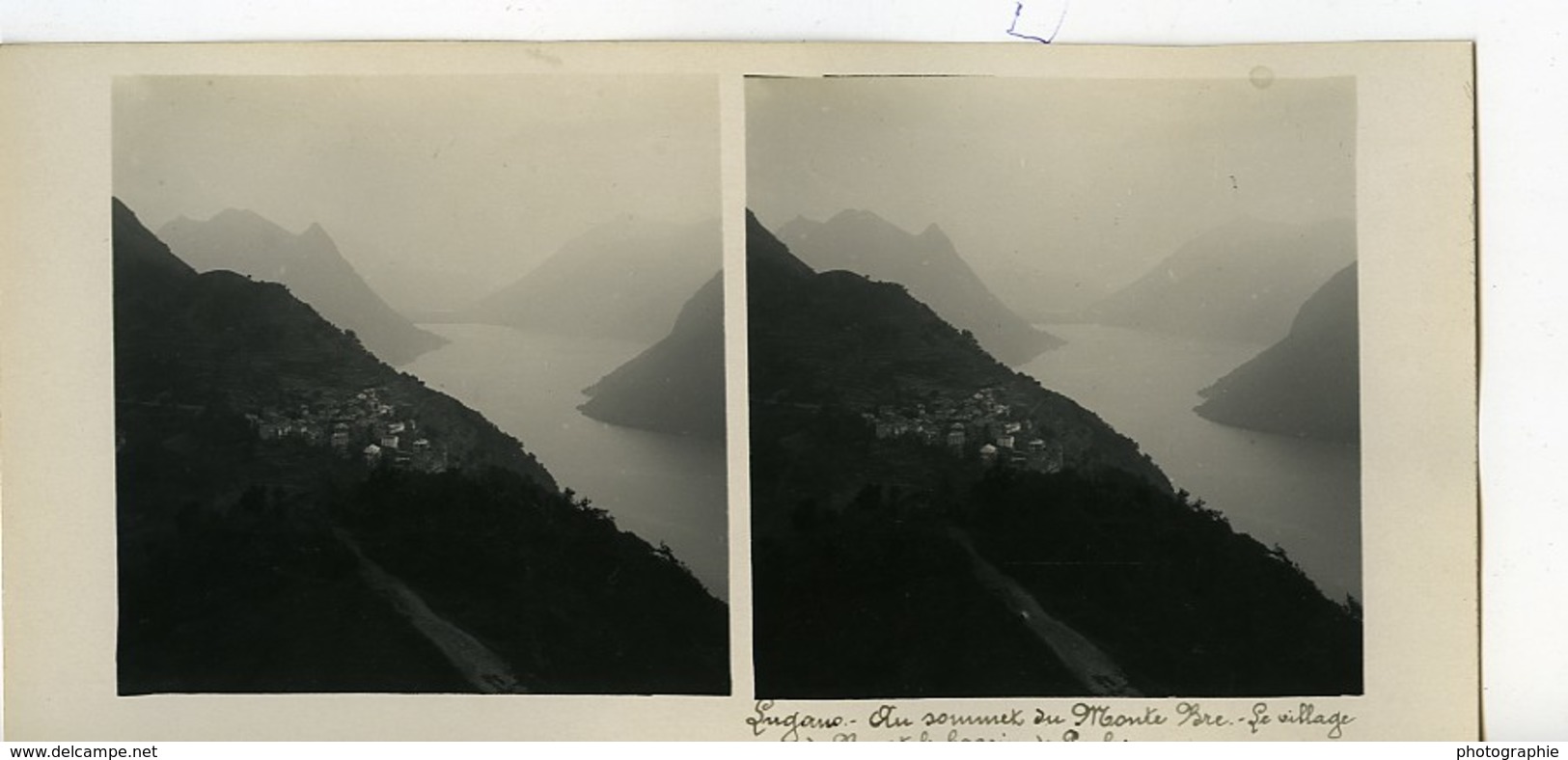 Suisse Lac De Lugano Au Sommet Du Monte Bre Ancienne Photo Stereo Possemiers 1900 - Photos Stéréoscopiques