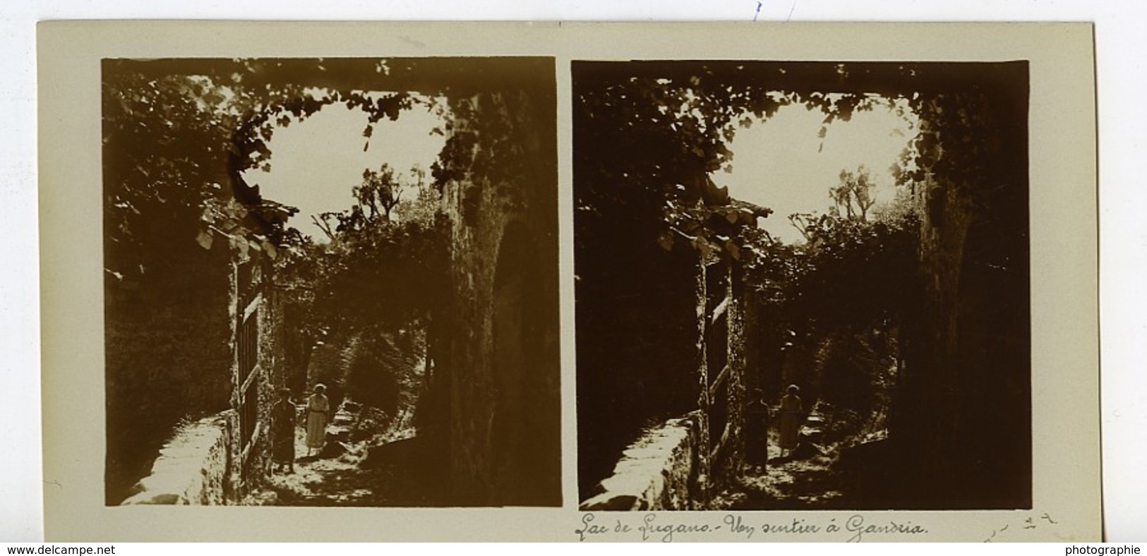 Suisse Lac De Lugano Gandria Un Sentier Ancienne Photo Stereo Possemiers 1900 - Photos Stéréoscopiques