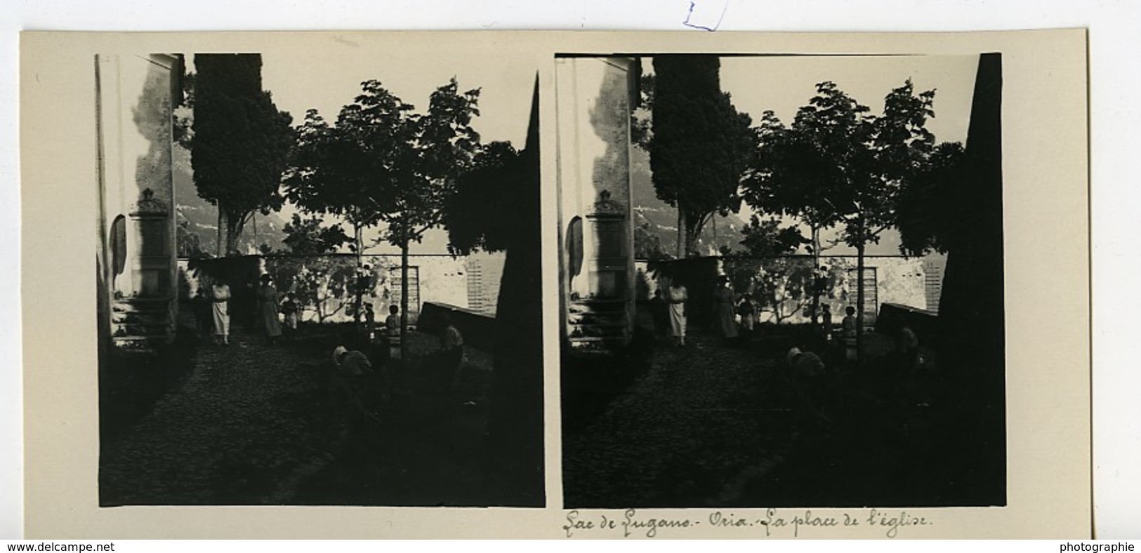 Italie Lac De Lugano Oria Place De L'église Ancienne Photo Stereo Possemiers 1900 - Photos Stéréoscopiques