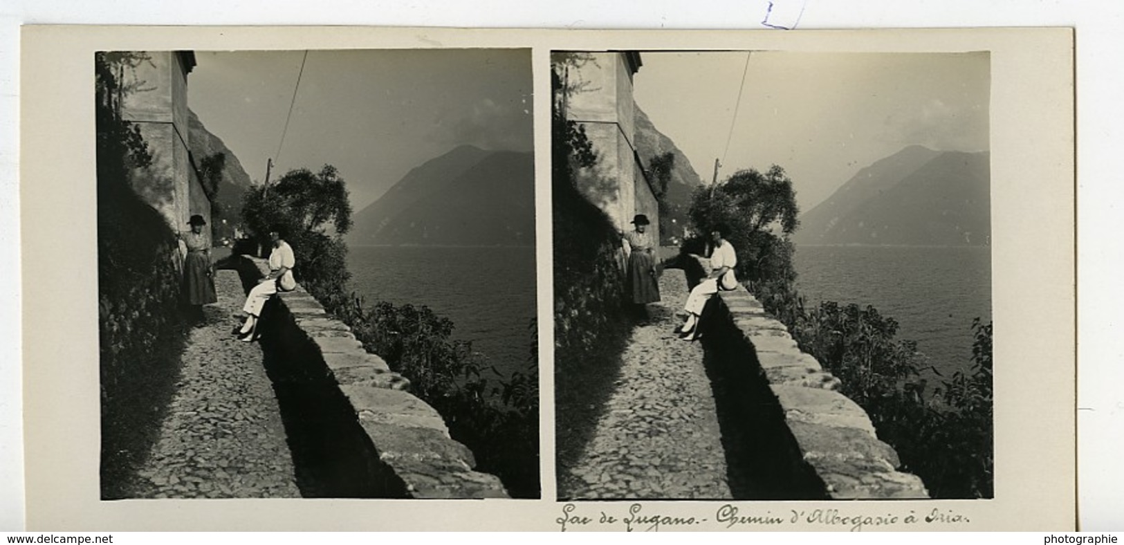 Italie Lac De Lugano Chemin D'Albogasio à Oria Ancienne Photo Stereo Possemiers 1900 - Photos Stéréoscopiques