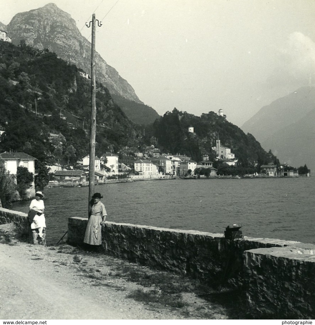 Italie Lac De Lugano San Mamete & Castello Ancienne Photo Stereo Possemiers 1900 - Photos Stéréoscopiques