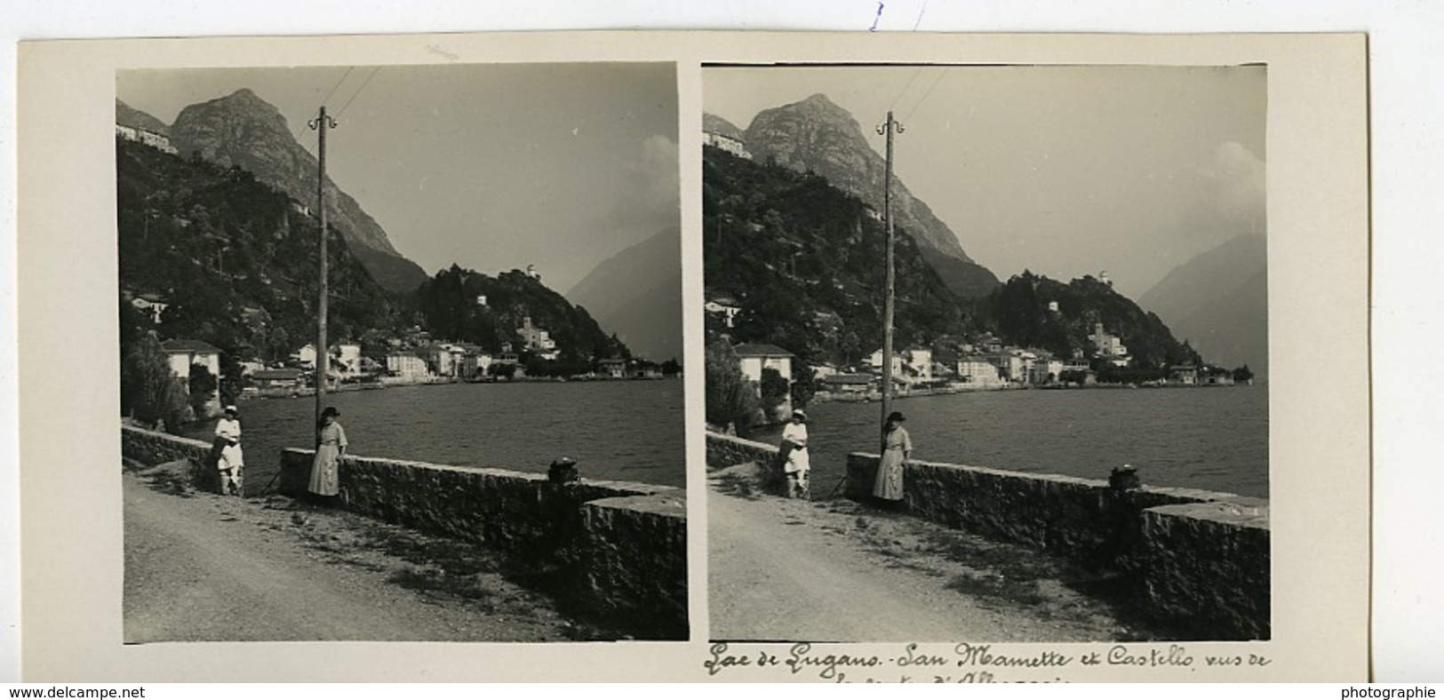 Italie Lac De Lugano San Mamete & Castello Ancienne Photo Stereo Possemiers 1900 - Stereoscopic