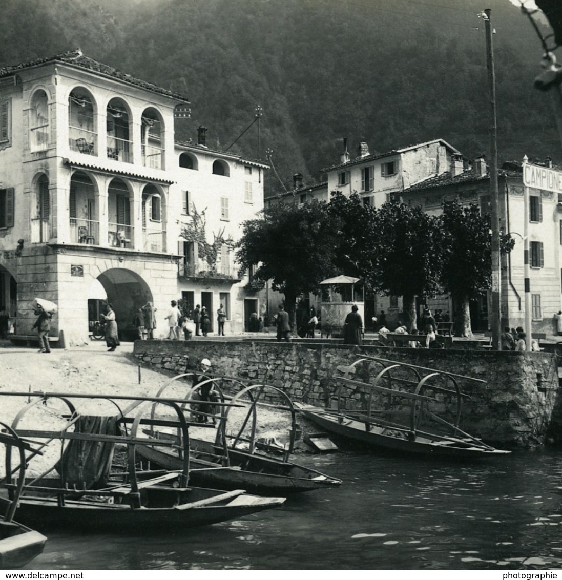 Italie Lac De Lugano Campione Le Port Ancienne Photo Stereo Possemiers 1900 - Photos Stéréoscopiques