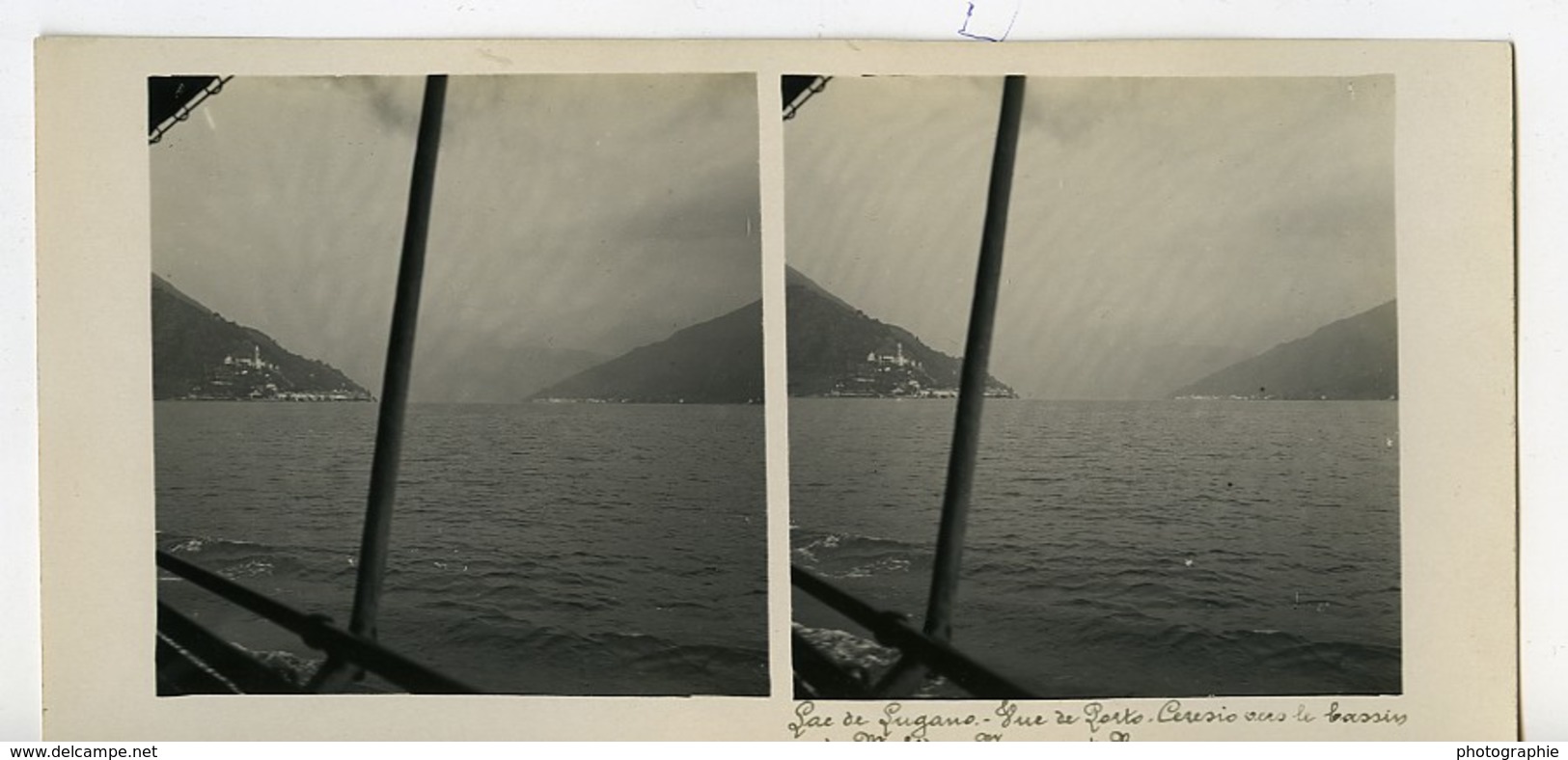 Italie Lac De Lugano Vue De Porto Ceresio Ancienne Photo Stereo Possemiers 1900 - Photos Stéréoscopiques