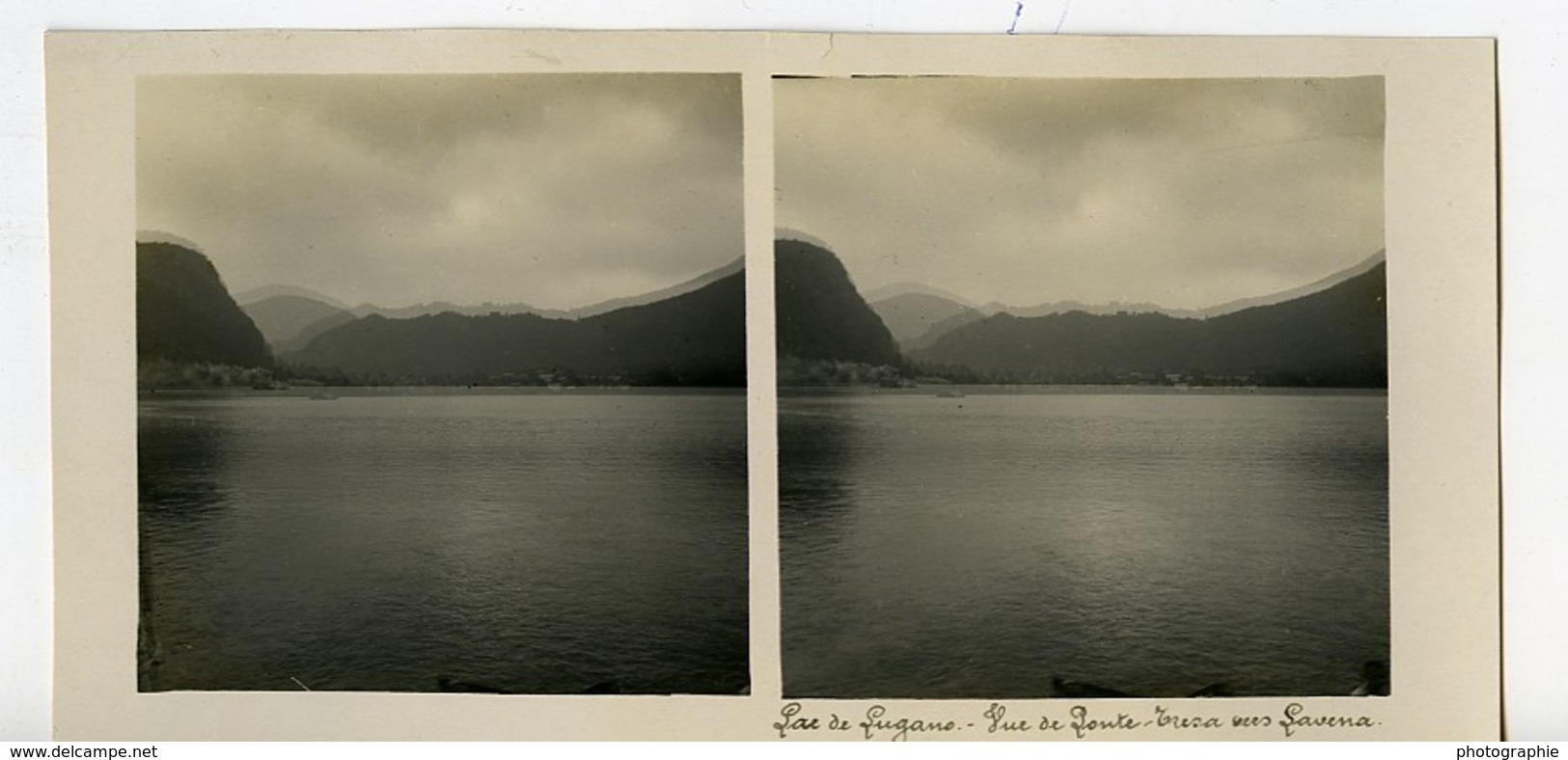 Suisse Lac De Lugano Vue De Ponte Tresa Ancienne Photo Stereo Possemiers 1900 - Photos Stéréoscopiques