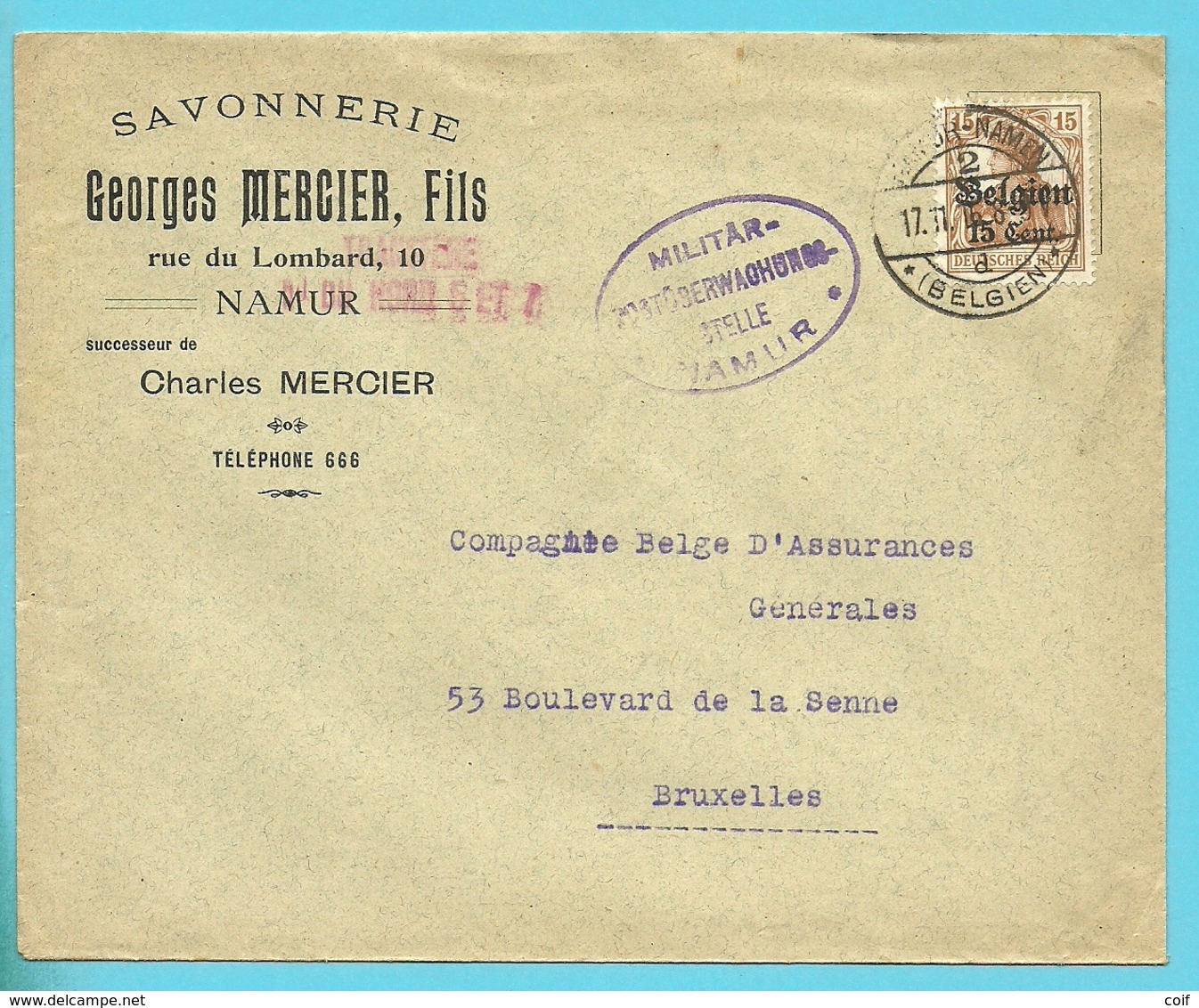 Lettre TP Germania Cachet NAMUR - Censure - Entete "SAVONNERIE MERCIER " (VK) - OC1/25 Gouvernement Général