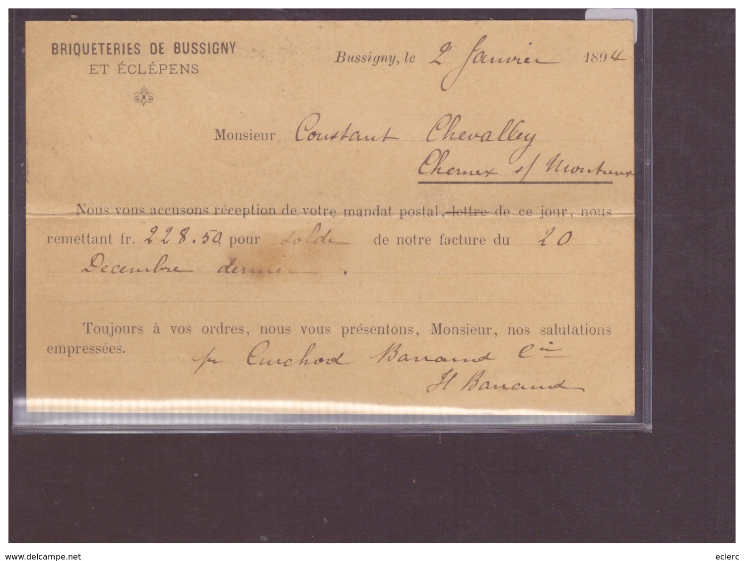 CARTE AVEC No ZUMSTEIN 60A - BRIQUETERIES DE BUSSIGNY ET ECLEPENS ( PLI HORIZONTAL ) - Lettres & Documents