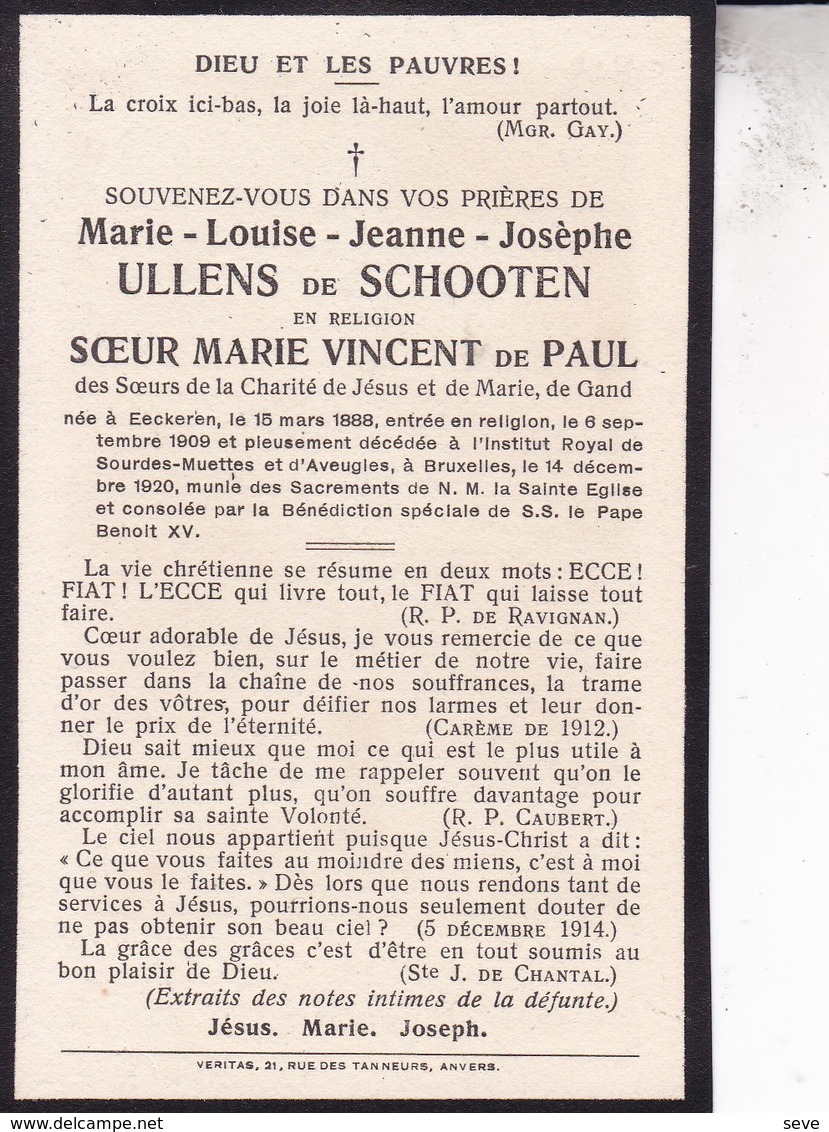 EECKEREN BRUXELLES Marie-Louise ULLENS De SCHOOTEN Des Soeurs De La Charité De Jésus Et De Marie De Gand 1920 DP - Décès