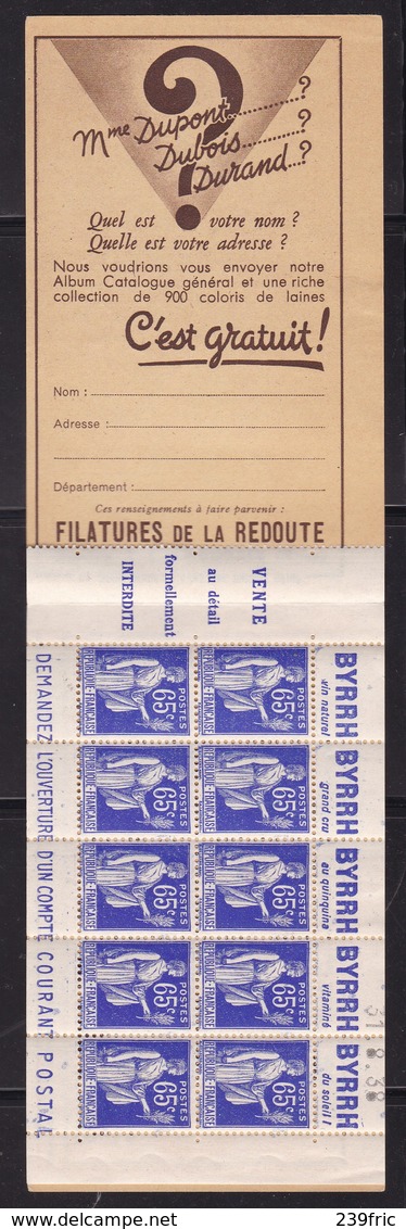 PUBLICITE 1/2 CARNET PAIX 65C BLEU BYRRH/CCP COUVERTURE  GUEULES CASSEES NEUF** CCP COTE 70E - Other & Unclassified