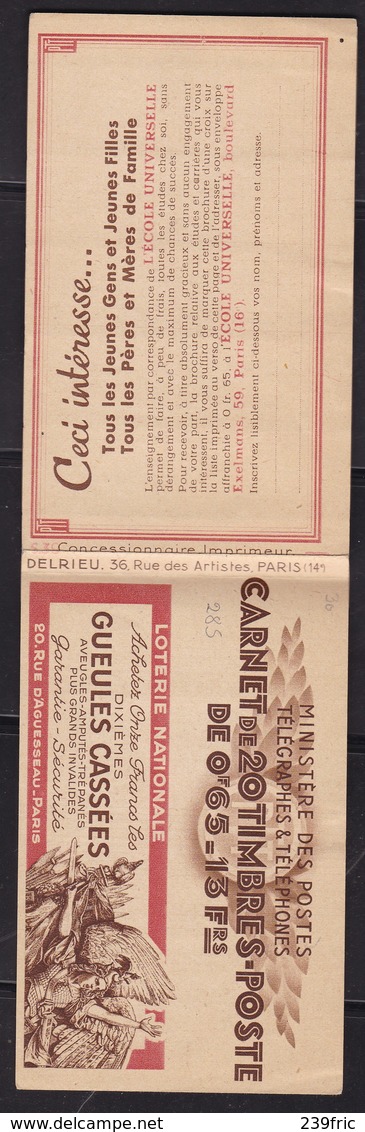 PUBLICITE 1/2 CARNET PAIX 65C BLEU BYRRH/CCP COUVERTURE  GUEULES CASSEES NEUF** CCP COTE 70E - Other & Unclassified