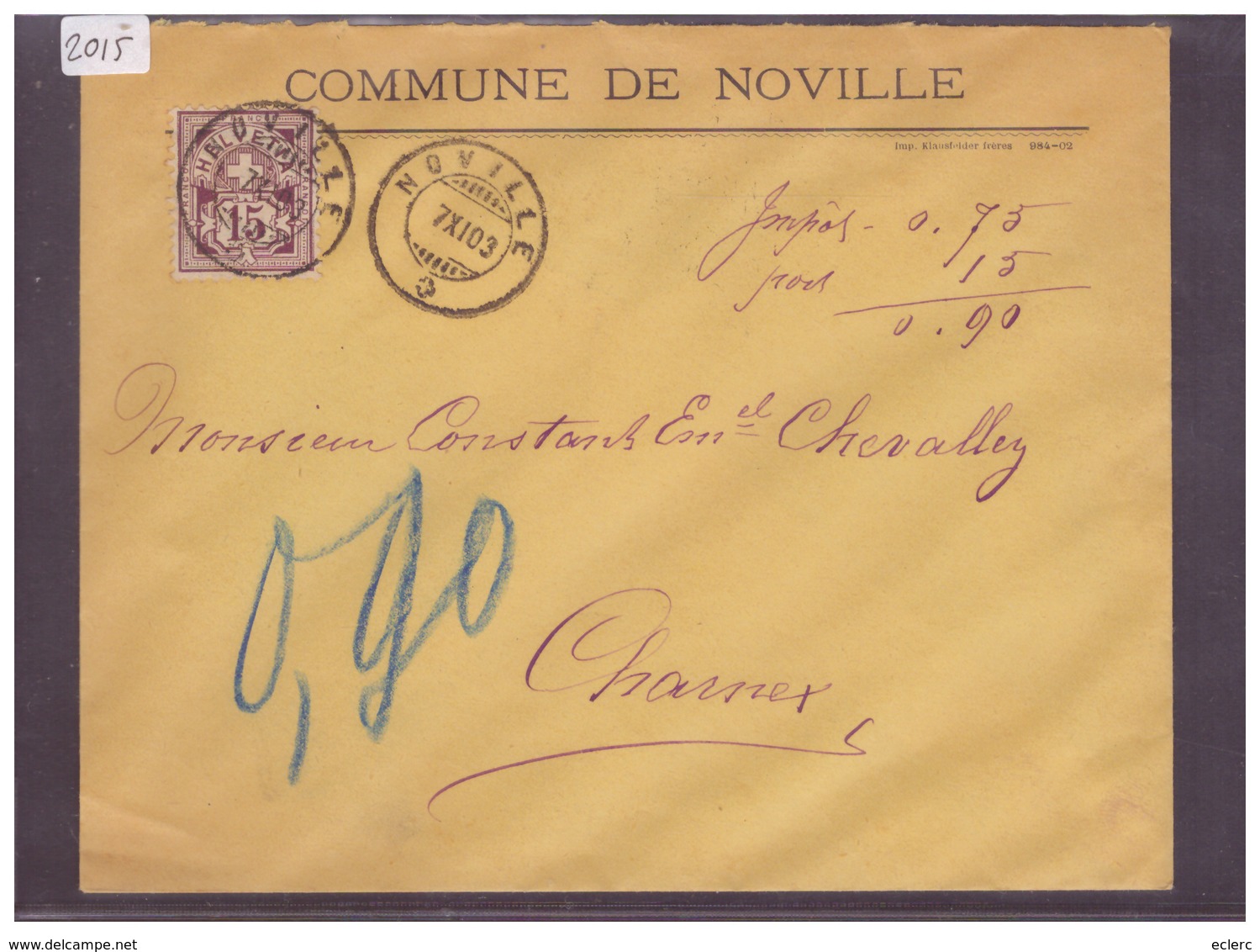 LETTRE AVEC No ZUMSTEIN 64B - COMMUNE DE NOVILLE - Lettres & Documents