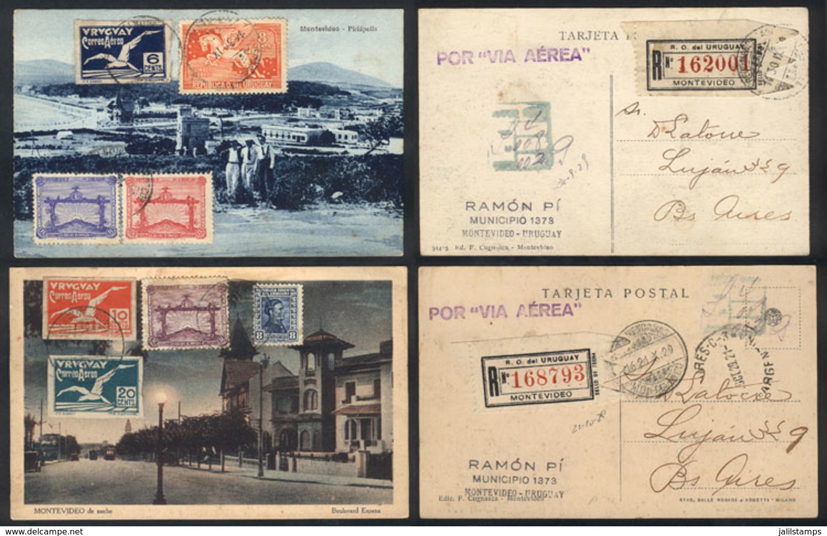 TOPIC FOOTBALL/SOCCER: 2 Postcards Sent By Registered Airmail From Montevideo To Buenos Aires In 1929, Franked By Sc.388 - Otros & Sin Clasificación