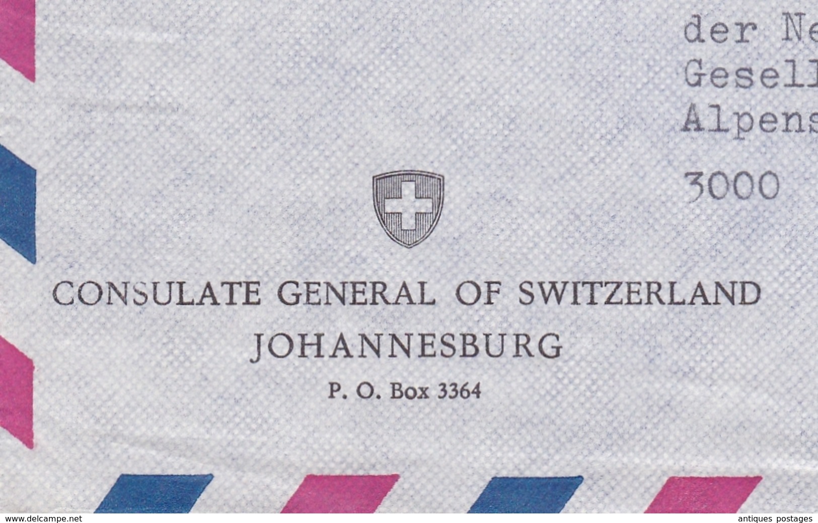 Johannesburg South Africa Zuid Afrika 1968 Consulate General Of Switzerland Bern Afrique Du Sud Consulat De Suisse - Lettres & Documents