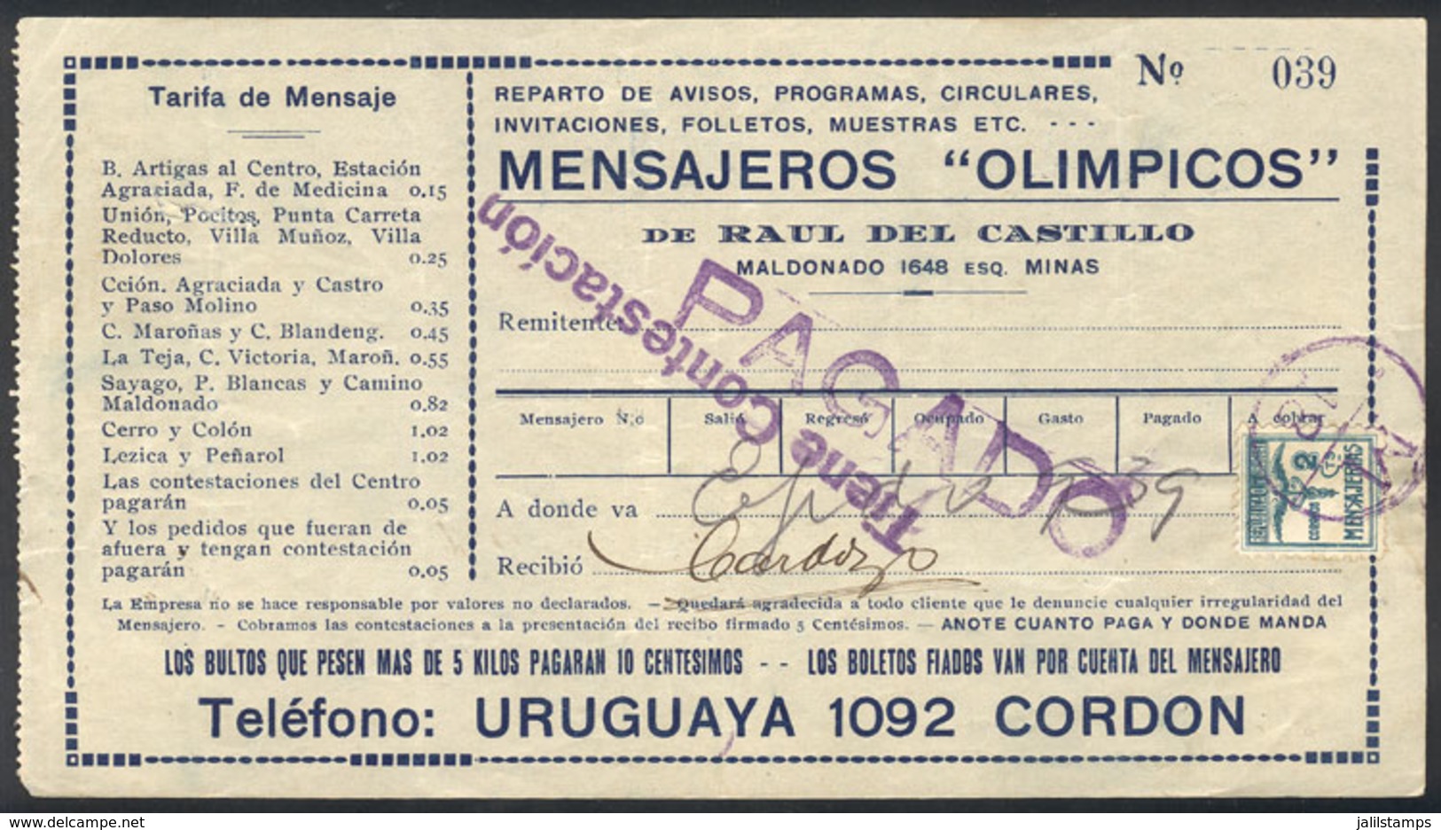 TOPIC FOOTBALL/SOCCER: Receipt Of The Year 1929 Of Messenger Company MENSAJEROS OLÍMPICOS (the Name Made Reference To Th - Andere & Zonder Classificatie