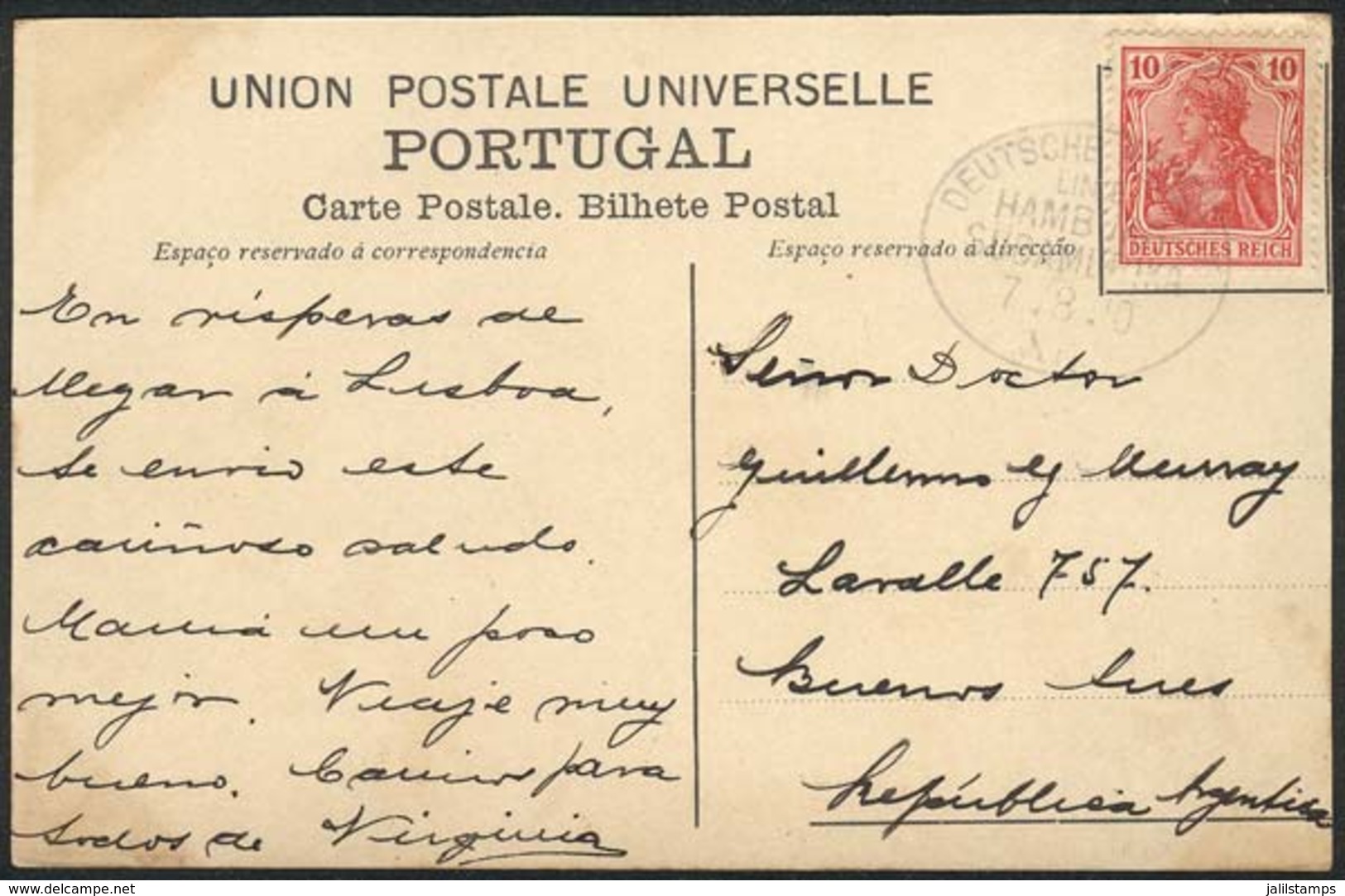 GERMANY: Postcard (view Of Portugal, Cintra, Palacio D. Maria Pia) Posted At Sea To Buenos Aires On 7/AU/1910 With Germa - Otros & Sin Clasificación