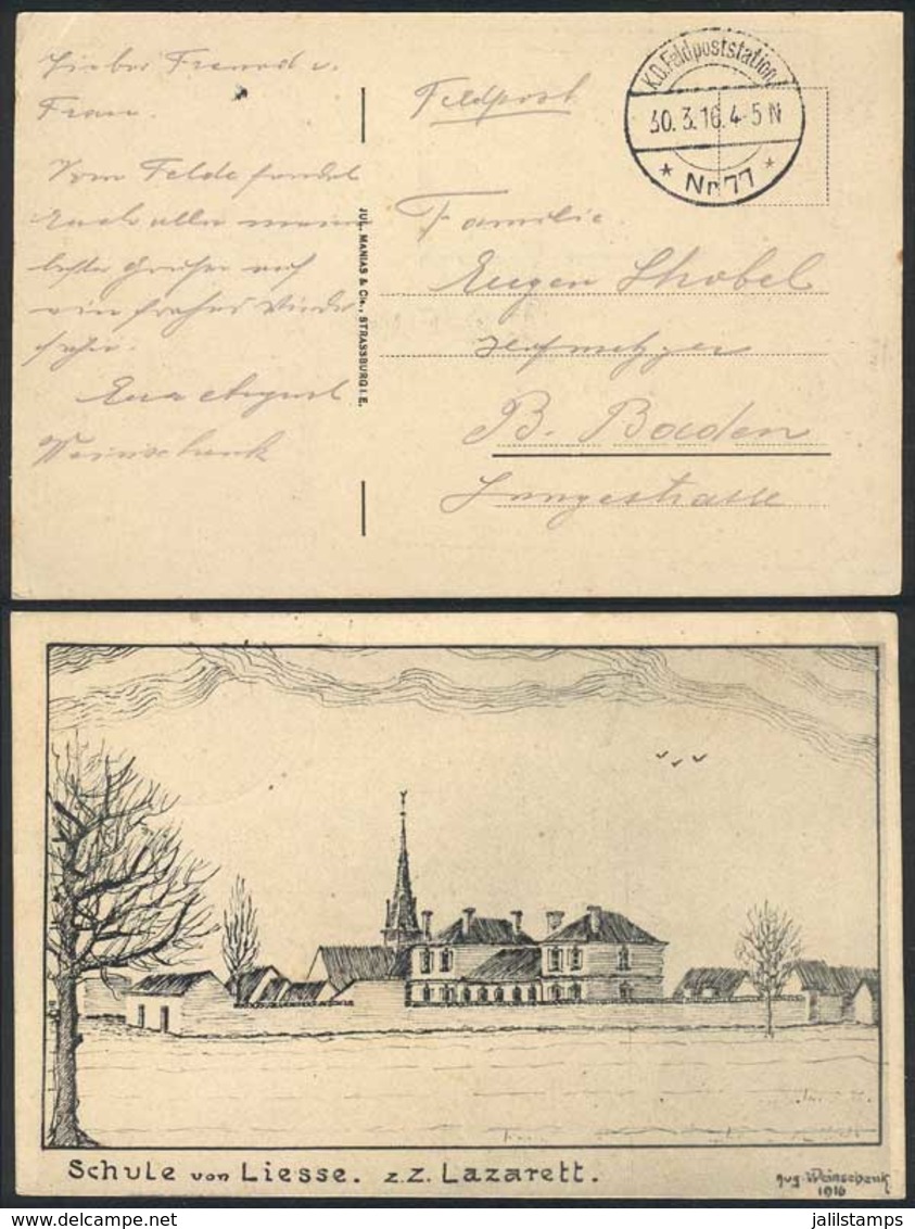 GERMANY: Postcard With View: Schule Von Liesse. Z.Z. Lazarett, Used Stampless With Feldpost Postmark Of 30/MAR/1916, VF  - Otros & Sin Clasificación
