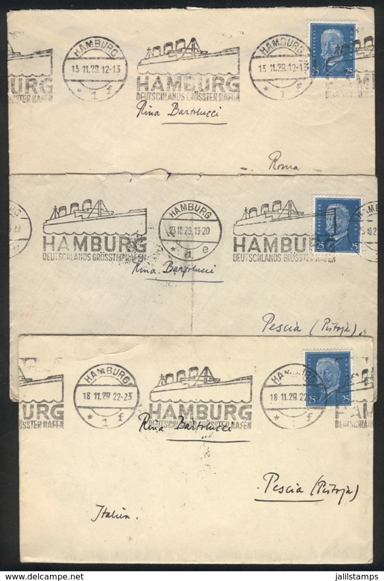 GERMANY: 3 Covers Sent From Hamburg To Italy In 1929, All Franked With 25Pf. And Nice Advertising Cancel Of The Port Of  - Autres & Non Classés