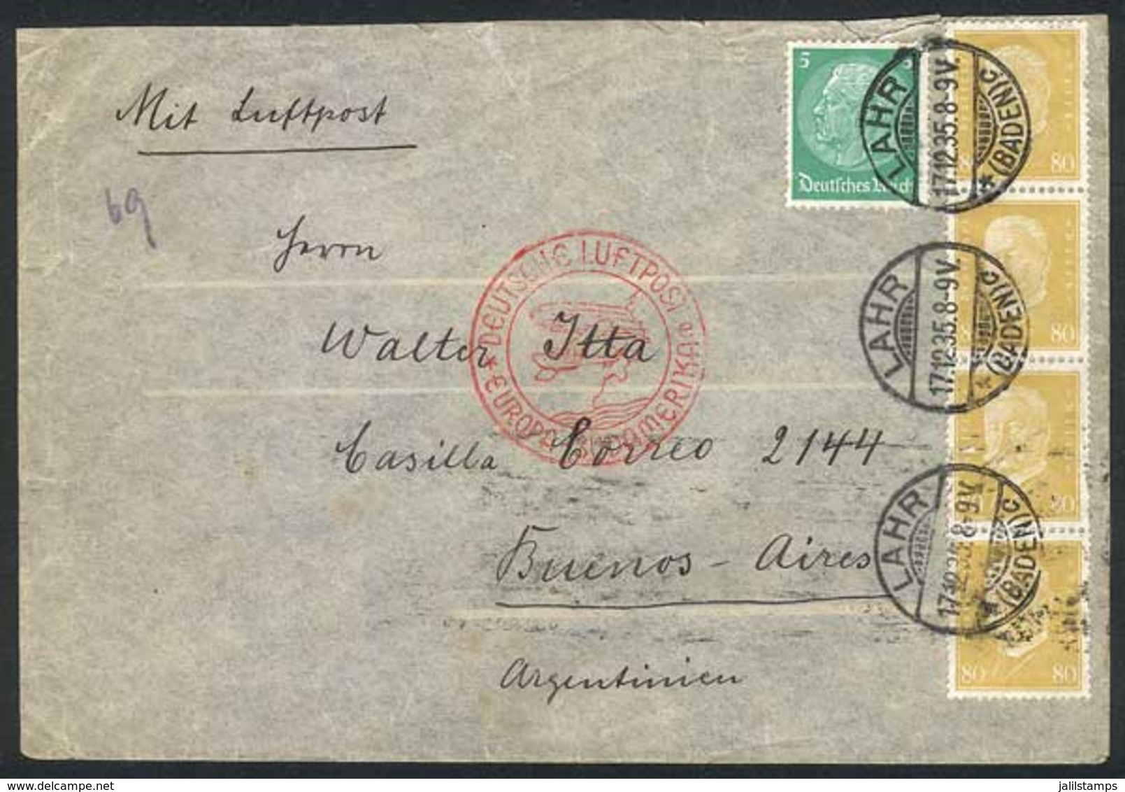 GERMANY: Air Mail Cover Sent From Lahr To Argentina On 17/DE/1935, Franked By Mi.437 Strip Of 4 + Another Value, Very Fi - Otros & Sin Clasificación