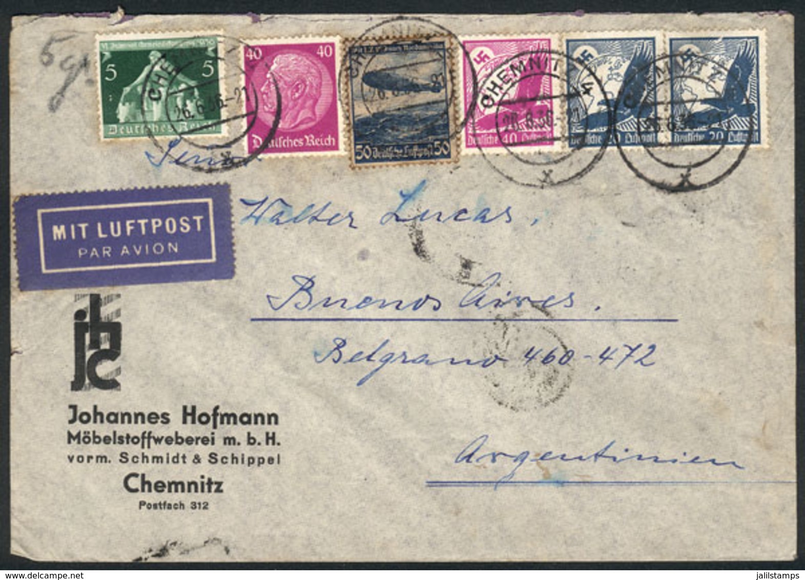 GERMANY: Airmail Cover Franked By 5 Different Stamps, Including 2 Twin Values Of 40Pf., Sent To Argentina On 26/JUN/1936 - Otros & Sin Clasificación