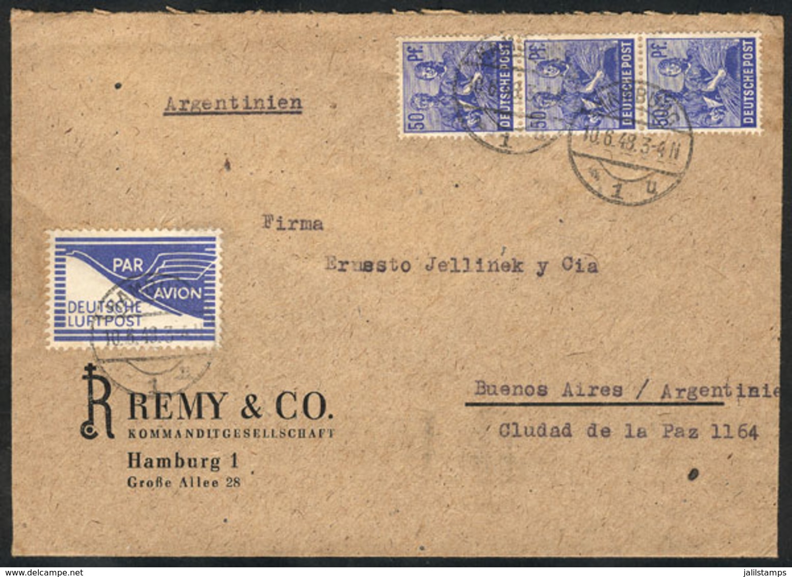 GERMANY: Airmail Cover Sent From Hamburg To Argentina On 10/JUN/1948 Franked With 150Pg., With A Special Airmail Label P - Otros & Sin Clasificación