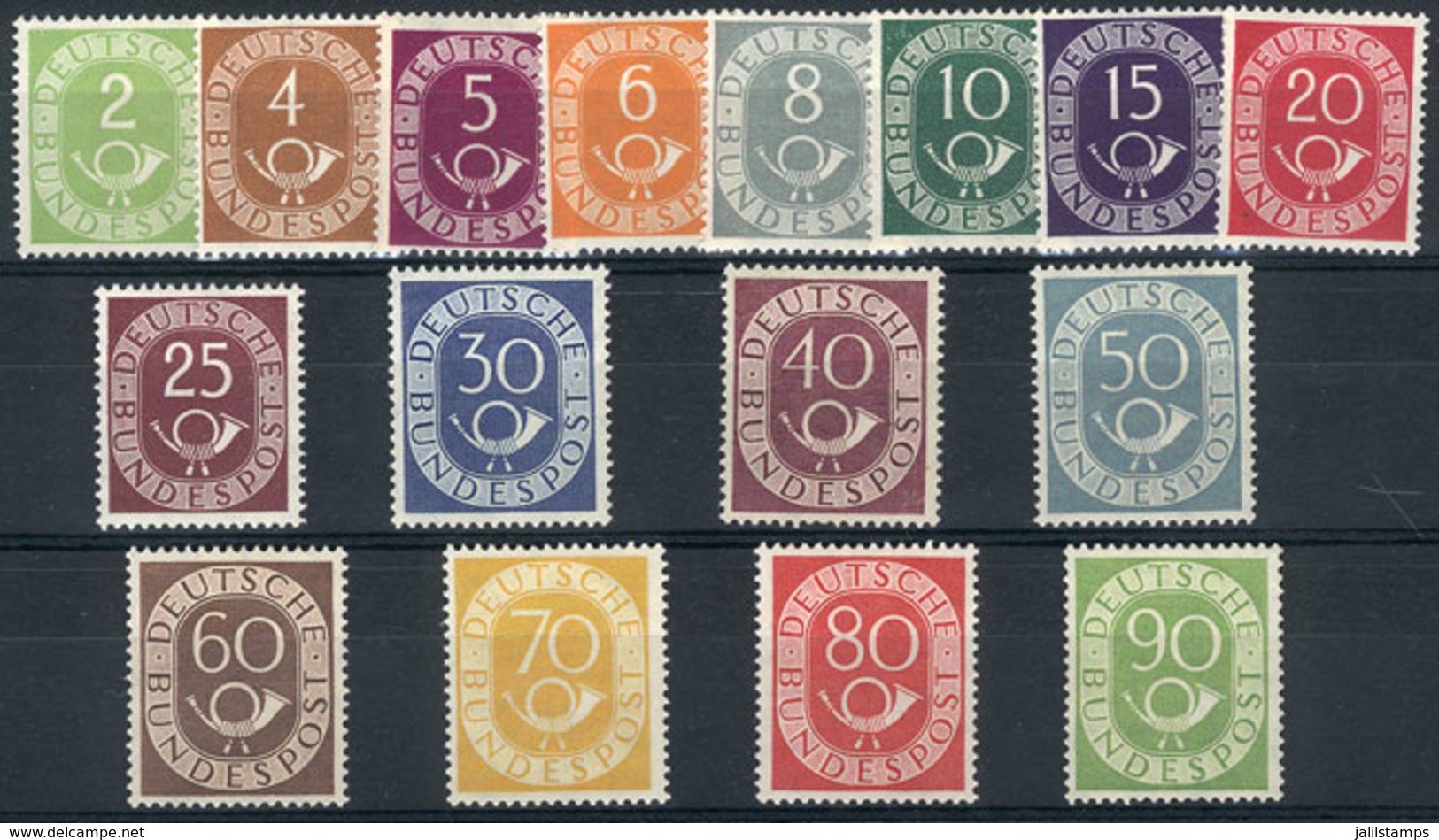 WEST GERMANY: Yvert 9/25, 1951/2 Postal Horn, Cmpl. Set Of 16 MNH Values, VF Quality (the 50Pf. Stamp Has A Small Mark O - Sonstige & Ohne Zuordnung