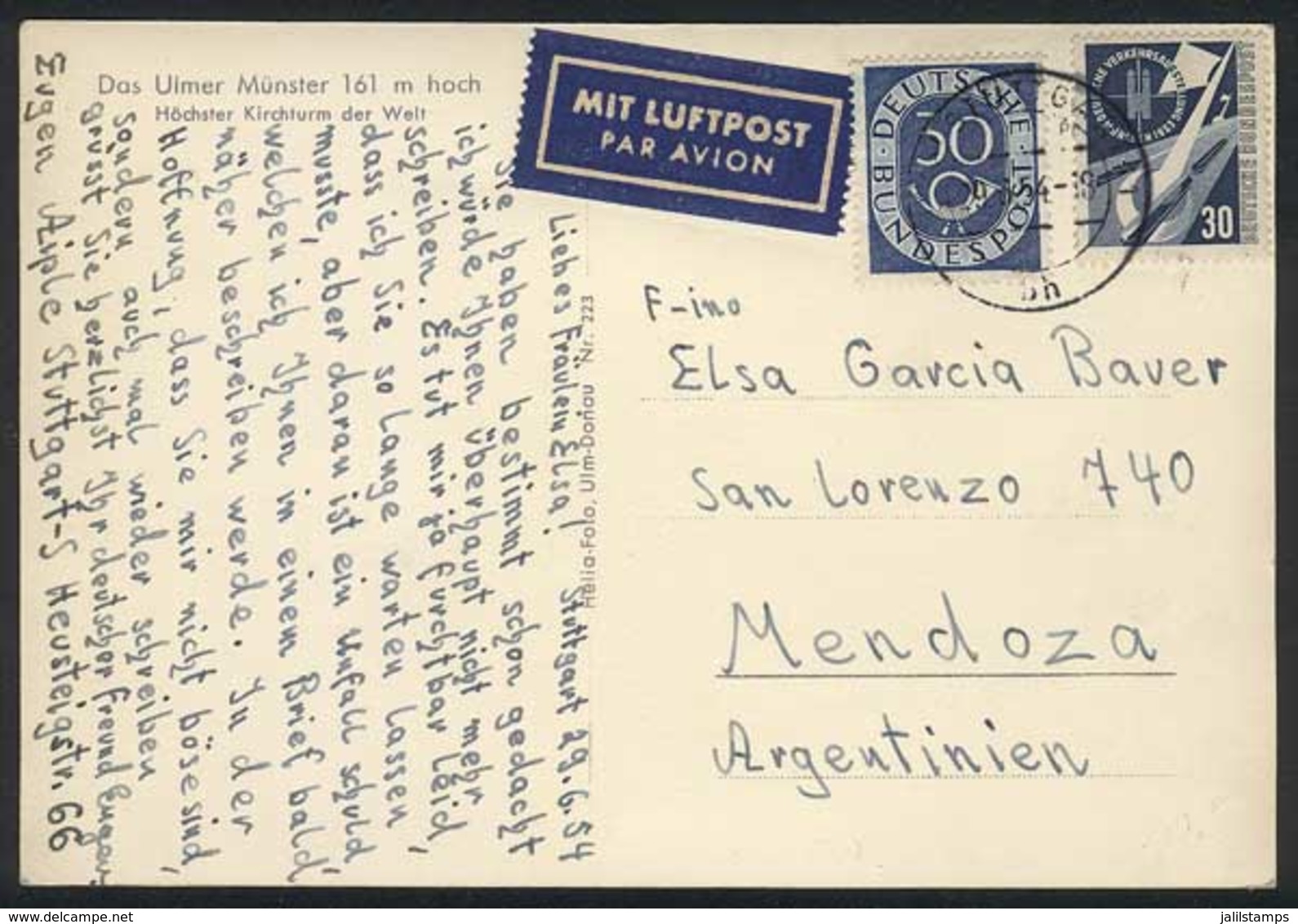 WEST GERMANY: Postcard Sent To Argentina On 29/JUN/1954, Franked By Mi.132 + 170, VF Quality! - Autres & Non Classés