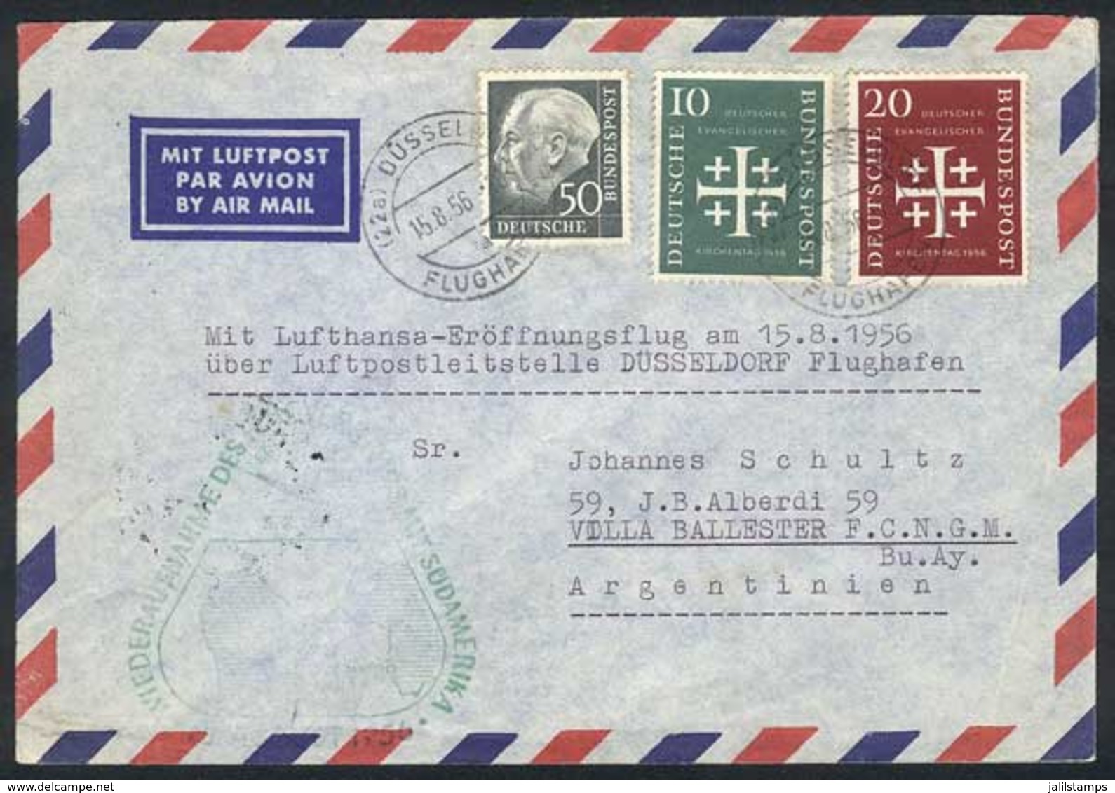 WEST GERMANY: 15/AU/1956 First Flight Of Lufthansa To South America, With Arrival Backstamp And Nice Postage, VF Quality - Other & Unclassified