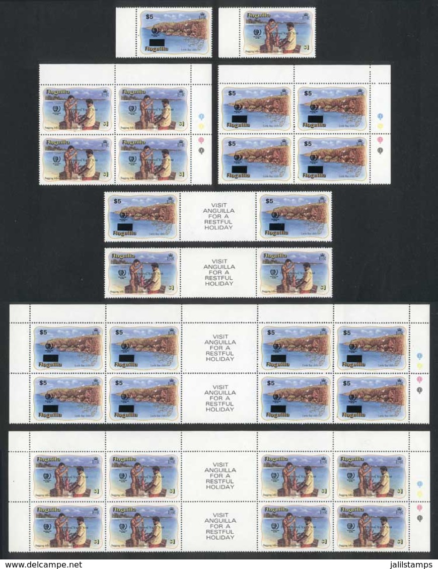 ANGUILLA: Sc.646/7, 1985 Intl. Youth Year, Set Of 2 Values + Blocks Of 4 + Gutter Pairs + Gutter Blocks Of 8, VF Quality - Anguilla (1968-...)