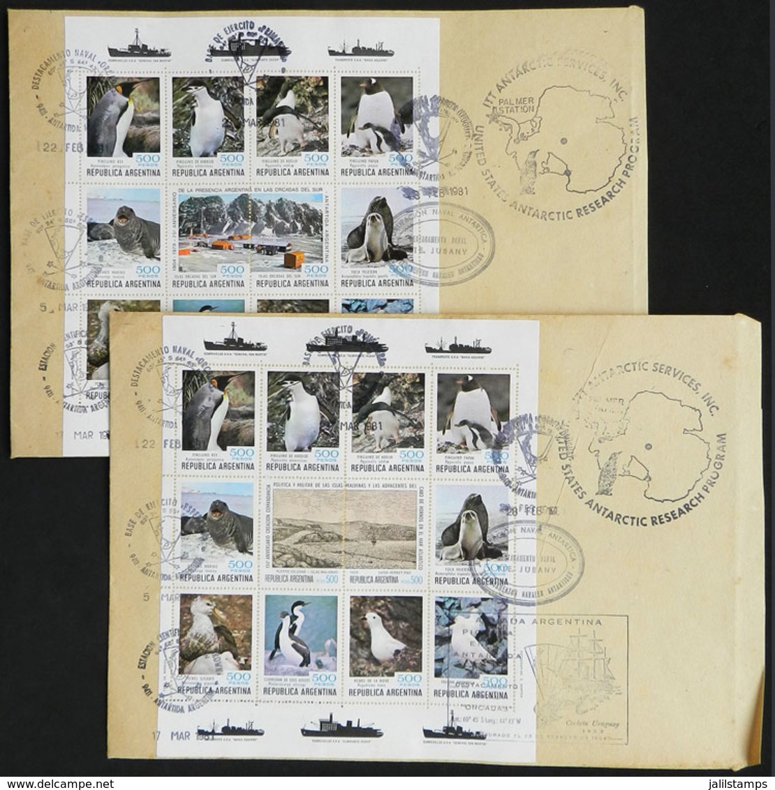 ARGENTINE ANTARCTICA: 2 Covers Franked With Souvenir Sheets GJ.43/44 (Fauna Of Falkland Islands And South Orkneys), With - Autres & Non Classés