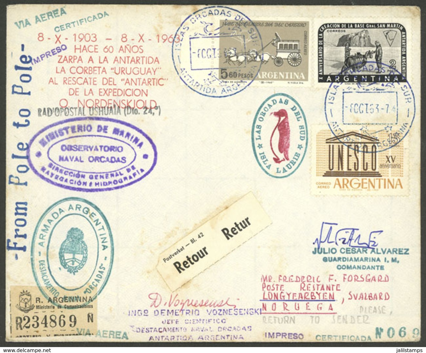 ARGENTINE ANTARCTICA (ORKNEY ISLANDS): MAIL SENT FROM SOUTH POLE TO NORTH POLE: Cover Sent From Islas Orcadas Base To LO - Andere & Zonder Classificatie