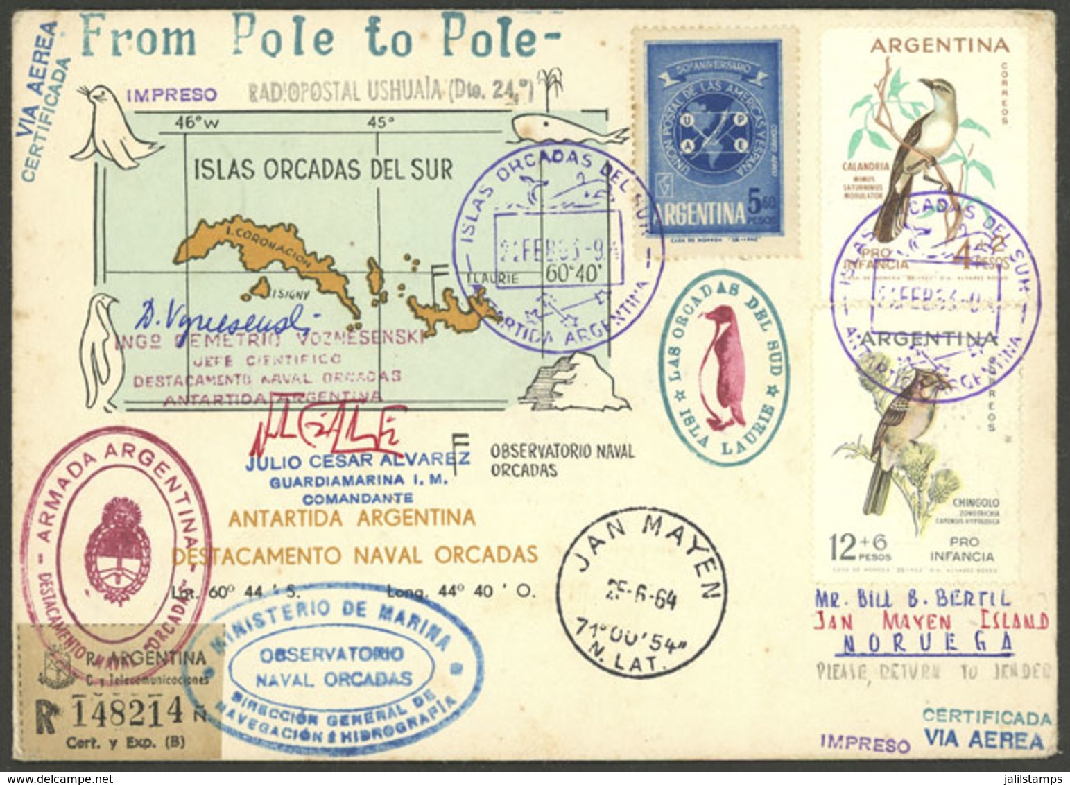 ARGENTINE ANTARCTICA (ORKNEY ISLANDS): MAIL SENT FROM SOUTH POLE TO NORTH POLE: Cover Sent From Orcadas Base To Jan Maye - Sonstige & Ohne Zuordnung