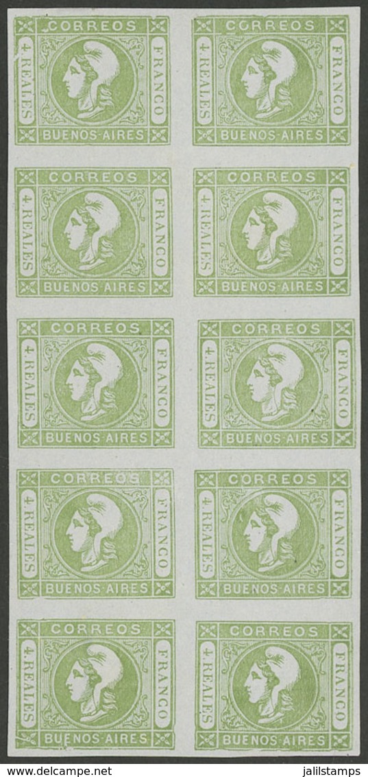ARGENTINA: GJ.13, 4R. Green, REPRINT In Block Of 10, One Example Thinned On Back, The Rest Superb, Excellent And Rare! - Buenos Aires (1858-1864)