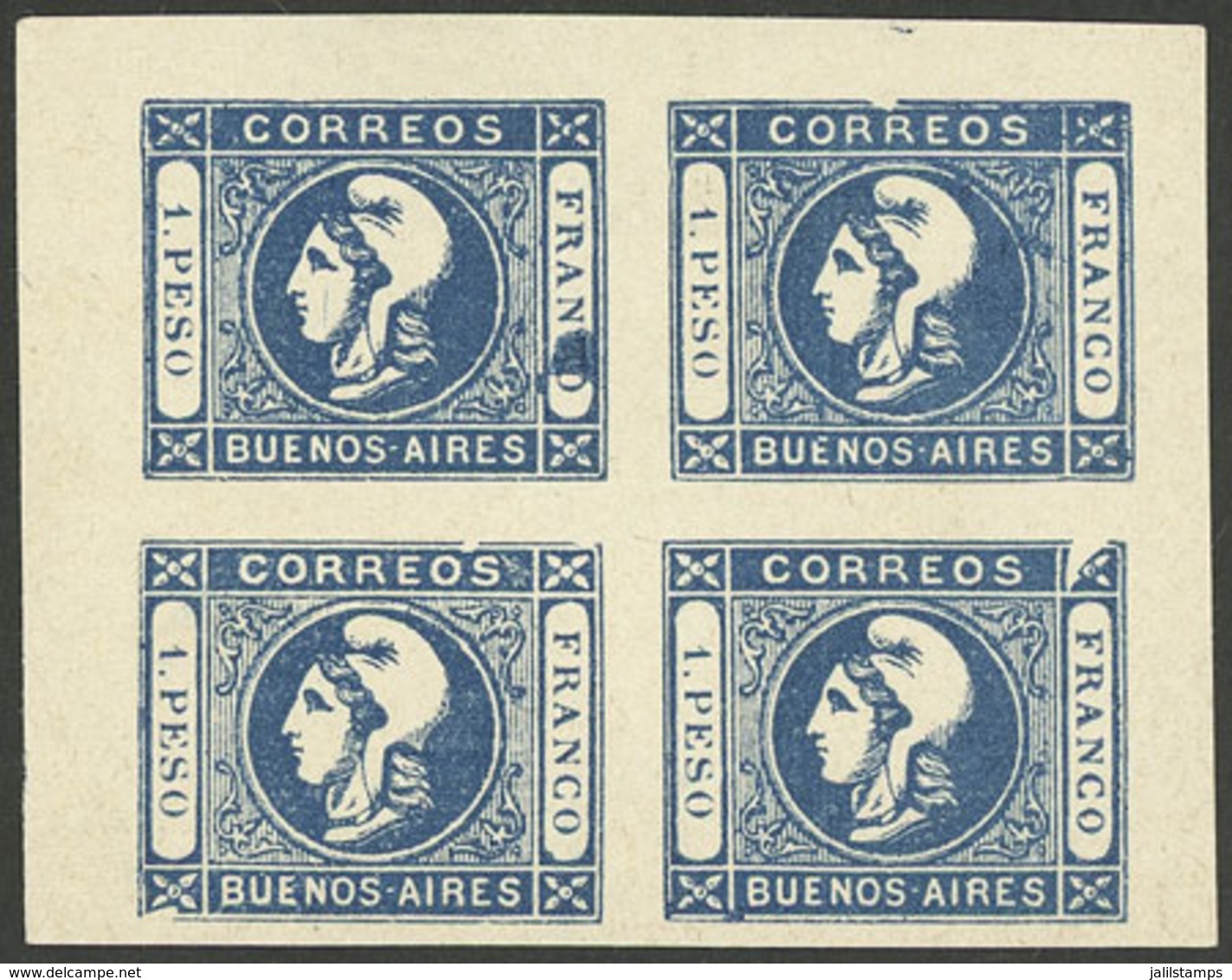 ARGENTINA: GJ.14, 1P. Blue, Reprint In Block Of 4 That Includes VARIETIES In The 4 Examples, Excellent! - Buenos Aires (1858-1864)