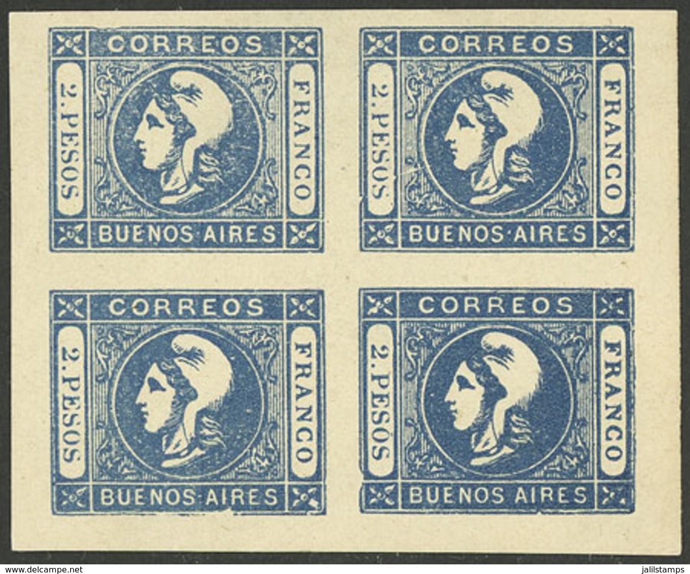 ARGENTINA: GJ.20, 2P. Blue, Reprint In Block Of 4 That Includes VARIETIES In The 4 Examples, Excellent! - Buenos Aires (1858-1864)