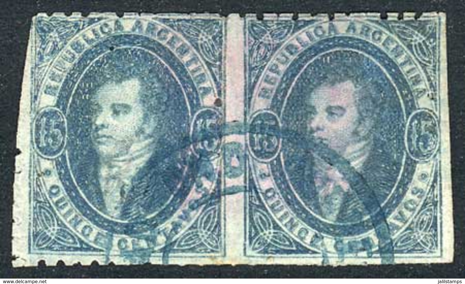 ARGENTINA: GJ.24Aa, Beautiful GREENISH BLUE PAIR Printed On THIN PAPER, With Left Sheet Margin And Line Watermark, Excel - Used Stamps