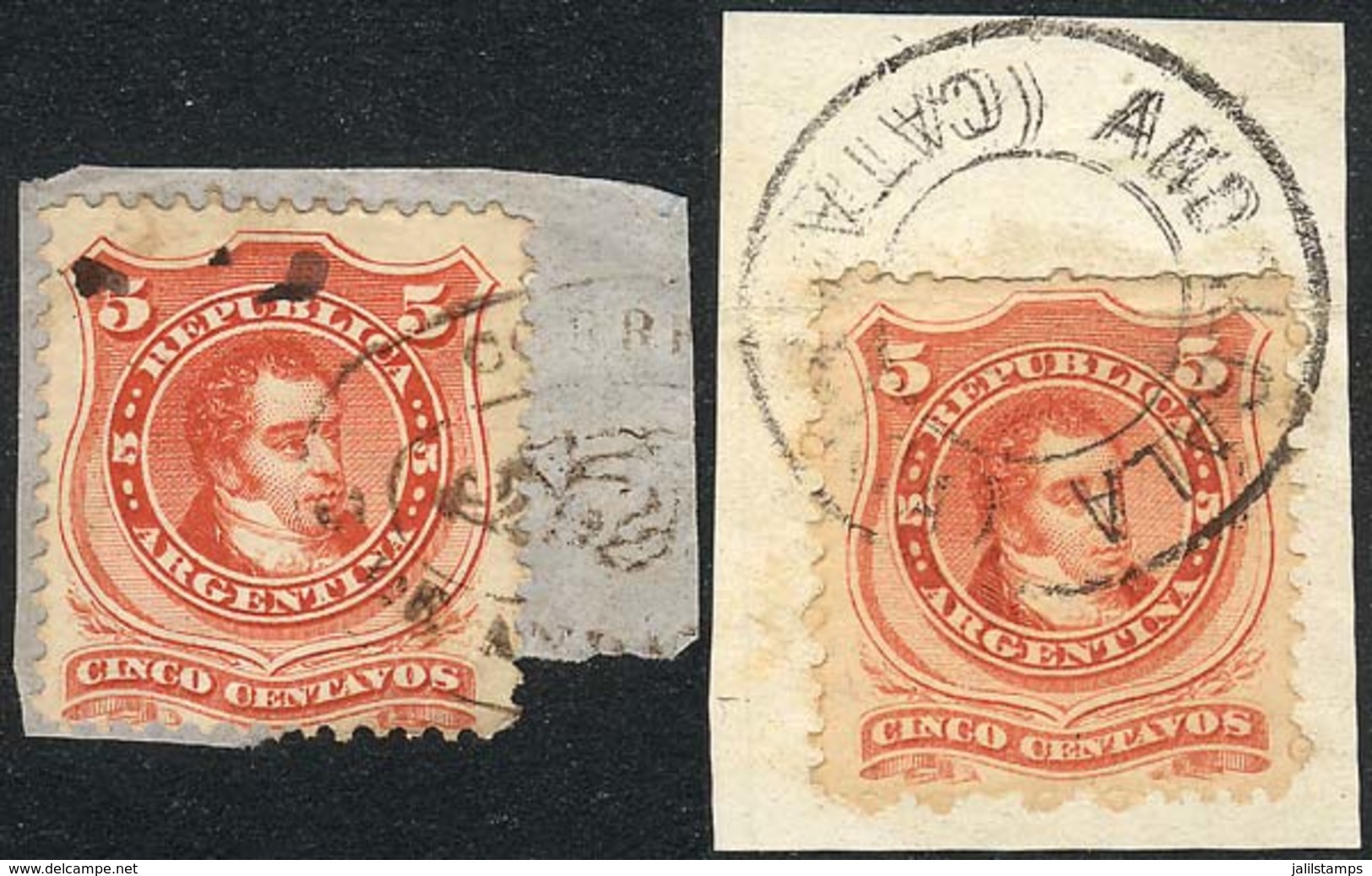 ARGENTINA: GJ.38, 2 Fragments With The Extremely Rare Rococo And Double Circle Cancels Of ANDALGALÁ (Catamarca), Excelle - Autres & Non Classés