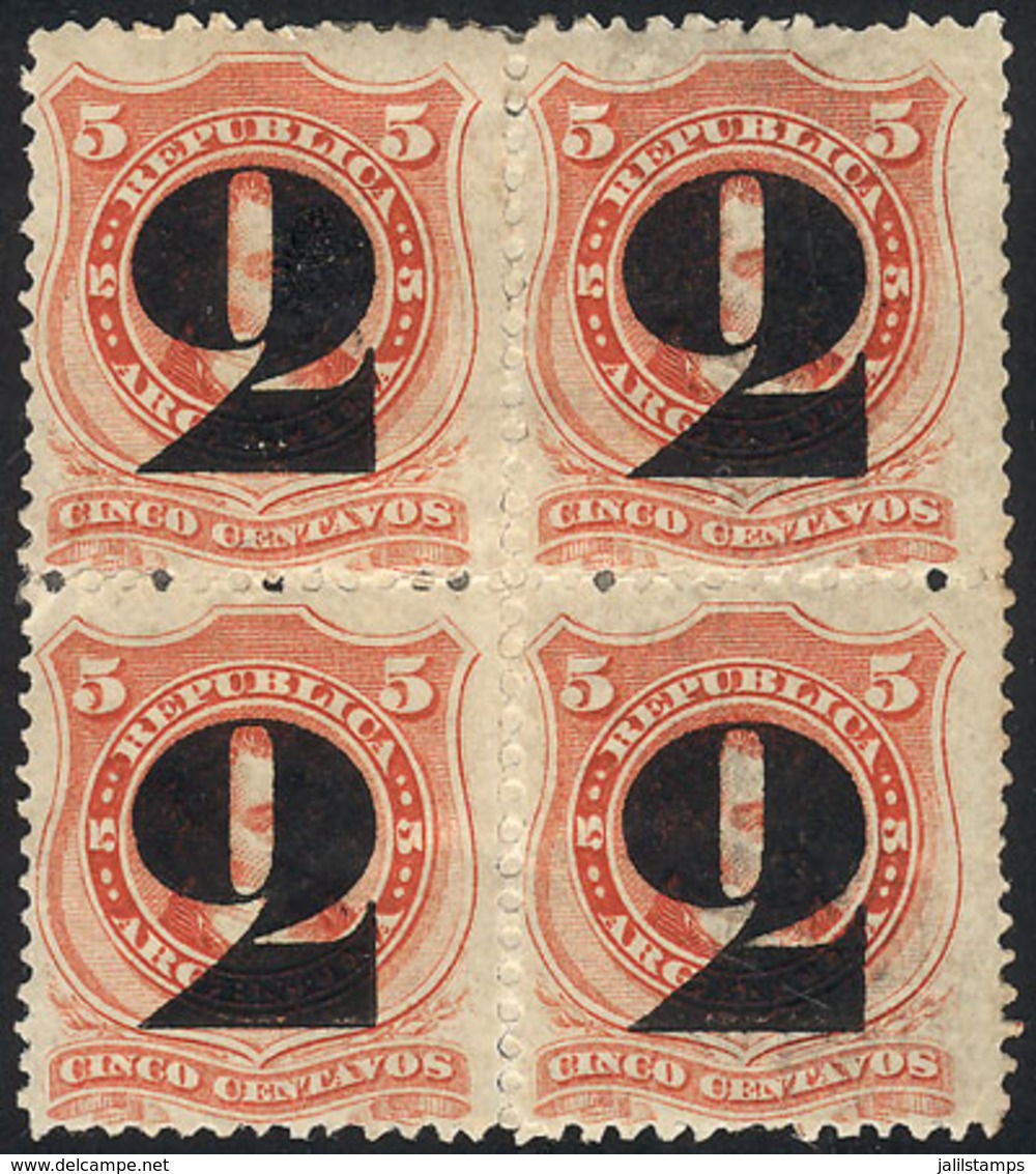 ARGENTINA: GJ.46, 1877 Provisional 2c., BLOCK OF 4 Mint Full Original Gum (+100%), Superb, With Alberto Solari/Mautalén  - Autres & Non Classés